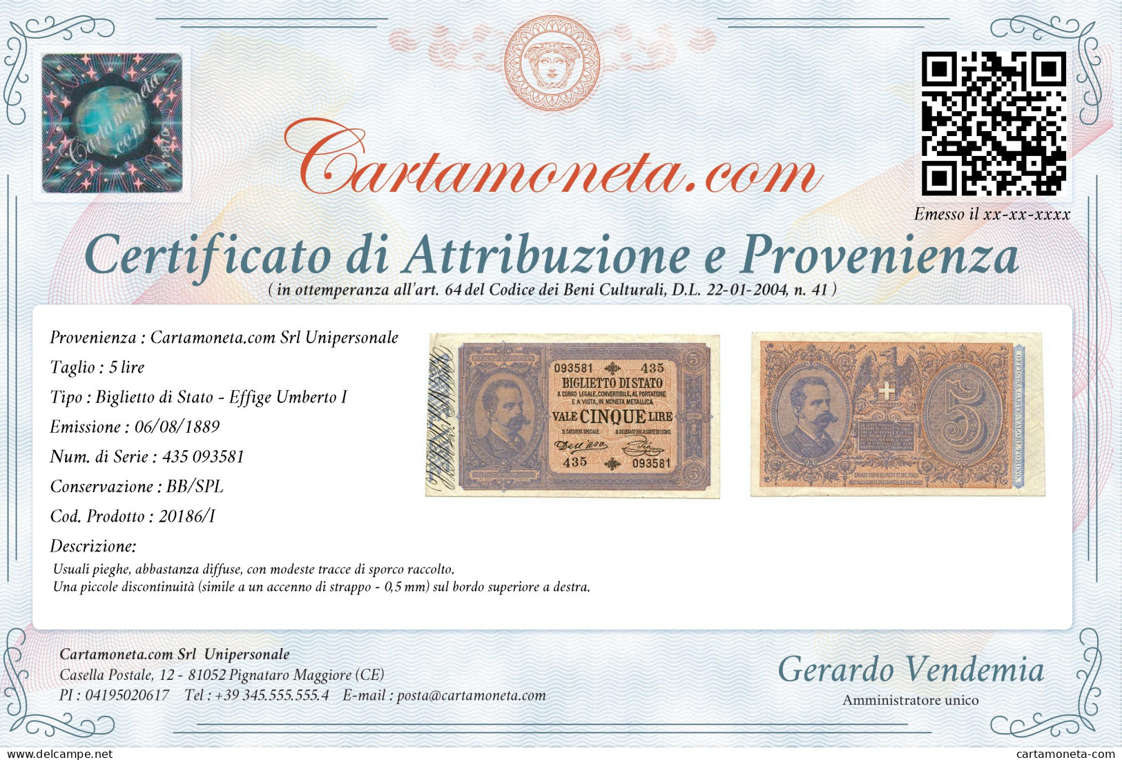 5 LIRE BIGLIETTO DI STATO EFFIGE UMBERTO I 06/08/1889 BB/SPL - Sonstige