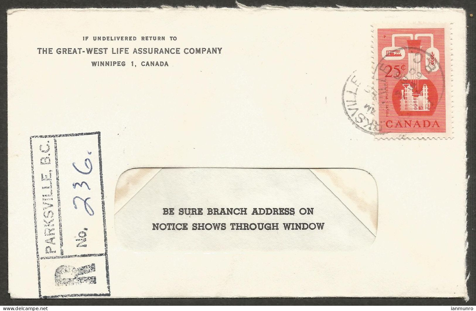 1960 Registered Cover 25c Chemical CDS Parksville BC - Postal History