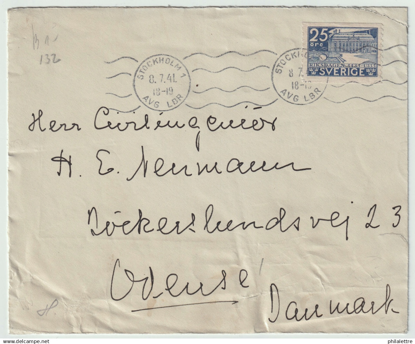 SUÈDE / SWEDEN 1941 Facit.243 25 öre Blue On (Danish) Censored Cover From STOCKHOLM To ODENSE, Denmark - Brieven En Documenten