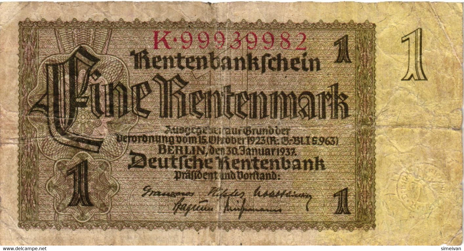 Germany 1 Rentenmark 1937 P-173b Deutschland Allemagne  #4382 - 1 Rentenmark