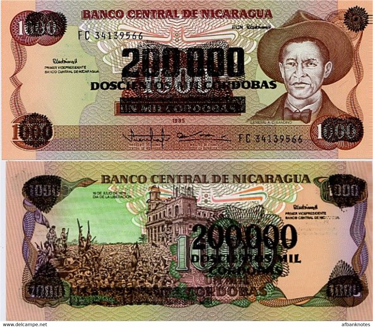 NICARAGUA     200,000 Córdobas (on 1000 C$)      P-162       1985 (1990)      UNC [200000] - Nicaragua