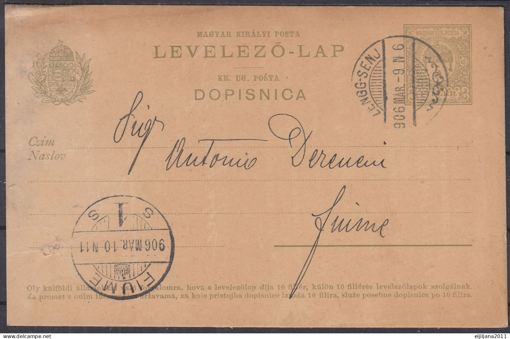 ⁕ Hungary - Ungarn 1907 ⁕ ZENGG / SENJ - FIUME Levelező-lap, Magyar Kir. Posta 5 Filler Dopisnica ⁕ Postal Stationery #7 - Ganzsachen