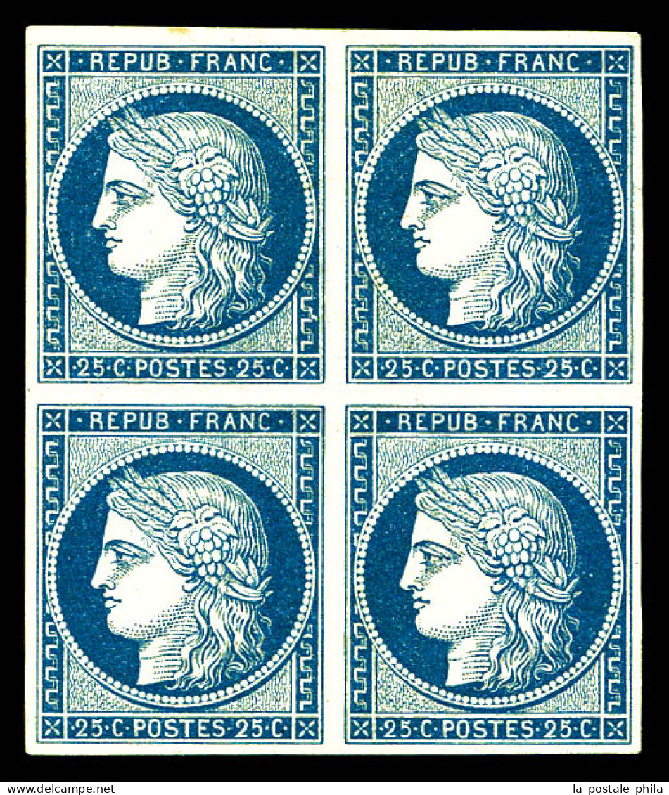 ** N°4, 25c Bleu En Bloc De Quatre (2ex*), Fraîcheur Postale, Un Des Plus Beaux Exemplaires Connus. SUPERBE. R.R.R. (sig - 1849-1850 Cérès