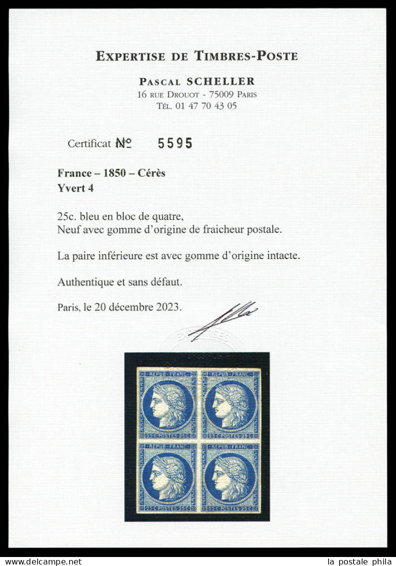 ** N°4, 25c Bleu En Bloc De Quatre (2ex*), Fraîcheur Postale, Un Des Plus Beaux Exemplaires Connus. SUPERBE. R.R.R. (sig - 1849-1850 Cérès