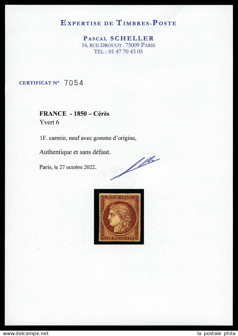 * N°6, 1F Carmin, Quatre Belles Marges, Fraîcheur Postale. SUP. R.R. (certificats)  Qualité: *  Cote: 18000 Euros - 1849-1850 Ceres