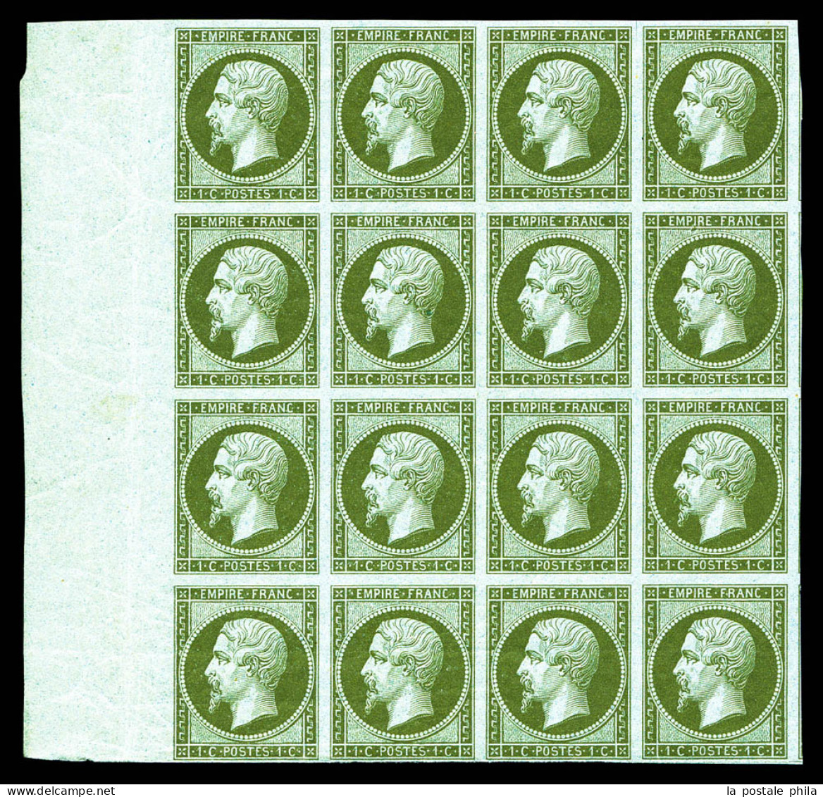** N°11, 1c Olive, Bloc De 16 Grand Bord De Feuille Latéral, Fraîcheur Postale. SUPERBE (signé Calves/certificat)  Quali - 1853-1860 Napoléon III.