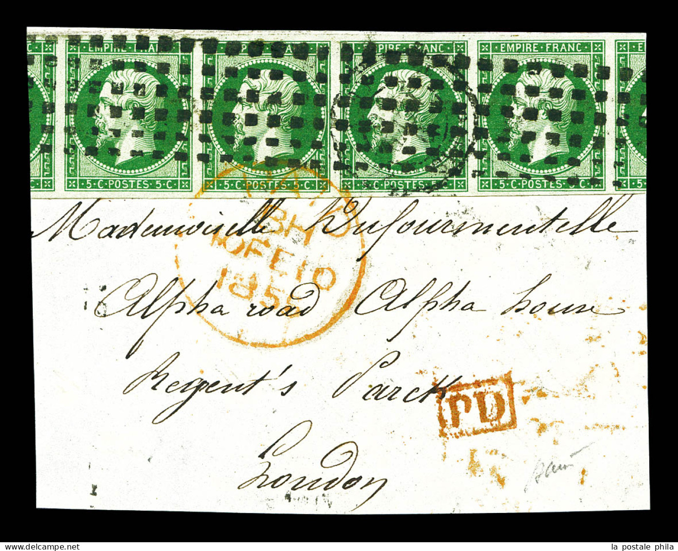 O N°12c, 5c Vert Très Foncé Sur Vert, Bande De 4 Obl Gros Points Avec Voisins, Sur Son Support. SUP (certificat)  Qualit - 1853-1860 Napoléon III.