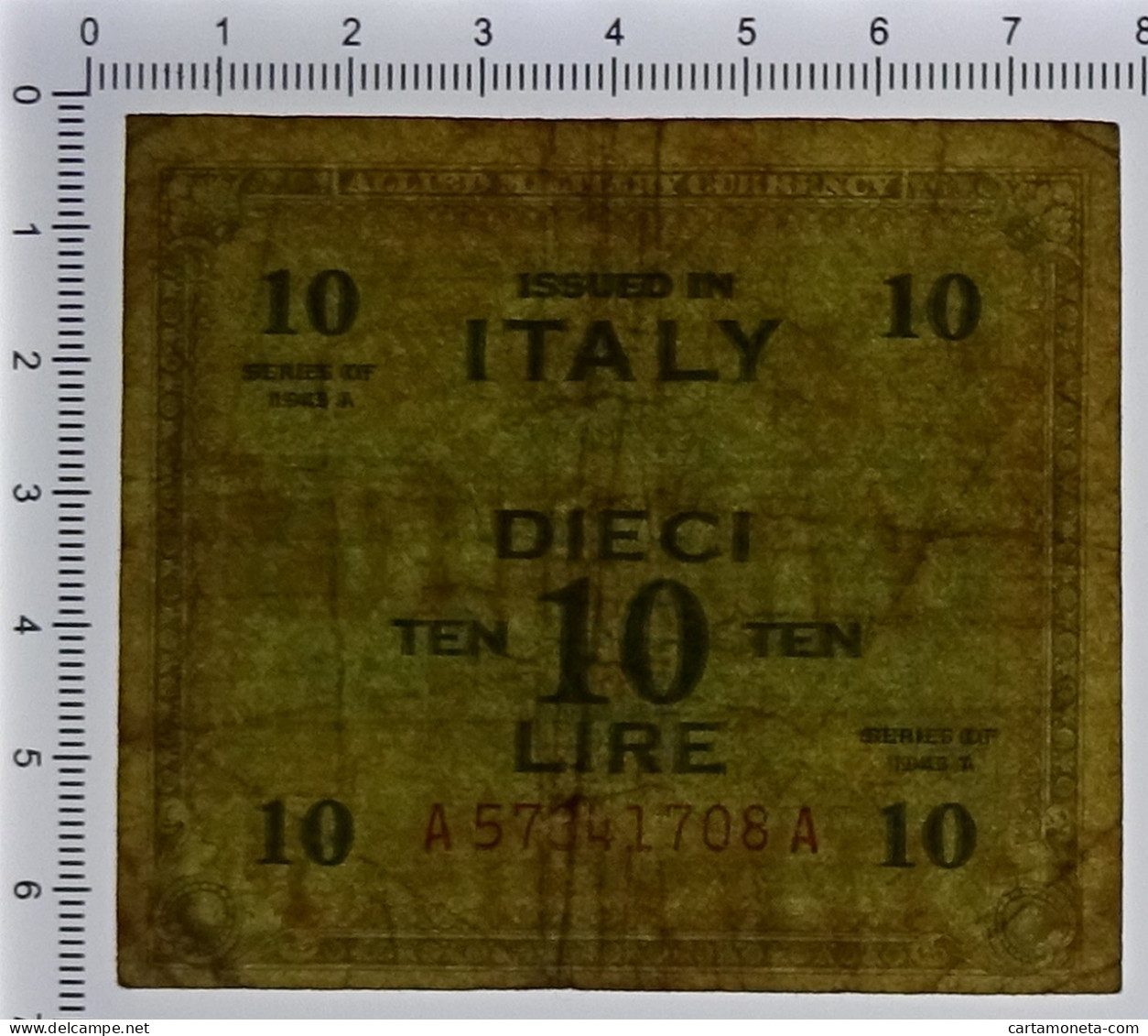 10 LIRE ERRORE STAMPA DOPPIA OCCUPAZIONE AMERICANA ITALIA BILINGUE FLC 1943 QBB - Geallieerde Bezetting Tweede Wereldoorlog