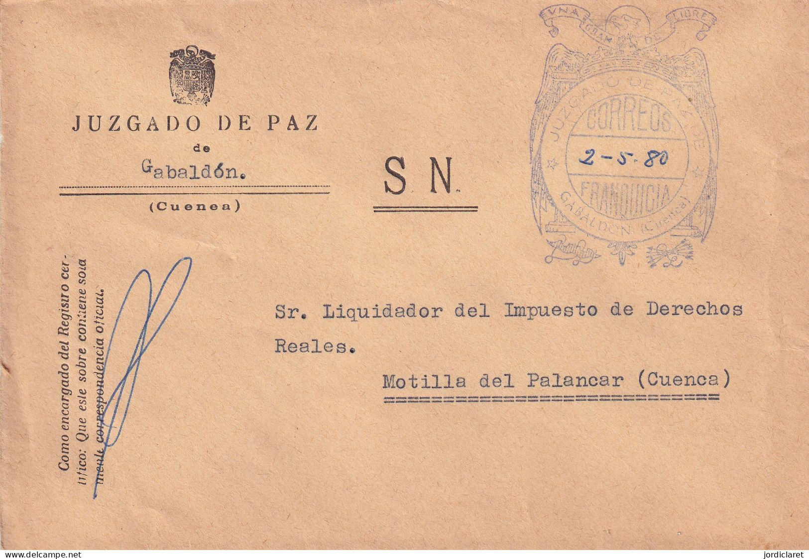 JUZGADO DE PAZ GABALDON CUENCA 1980 - Franquicia Postal