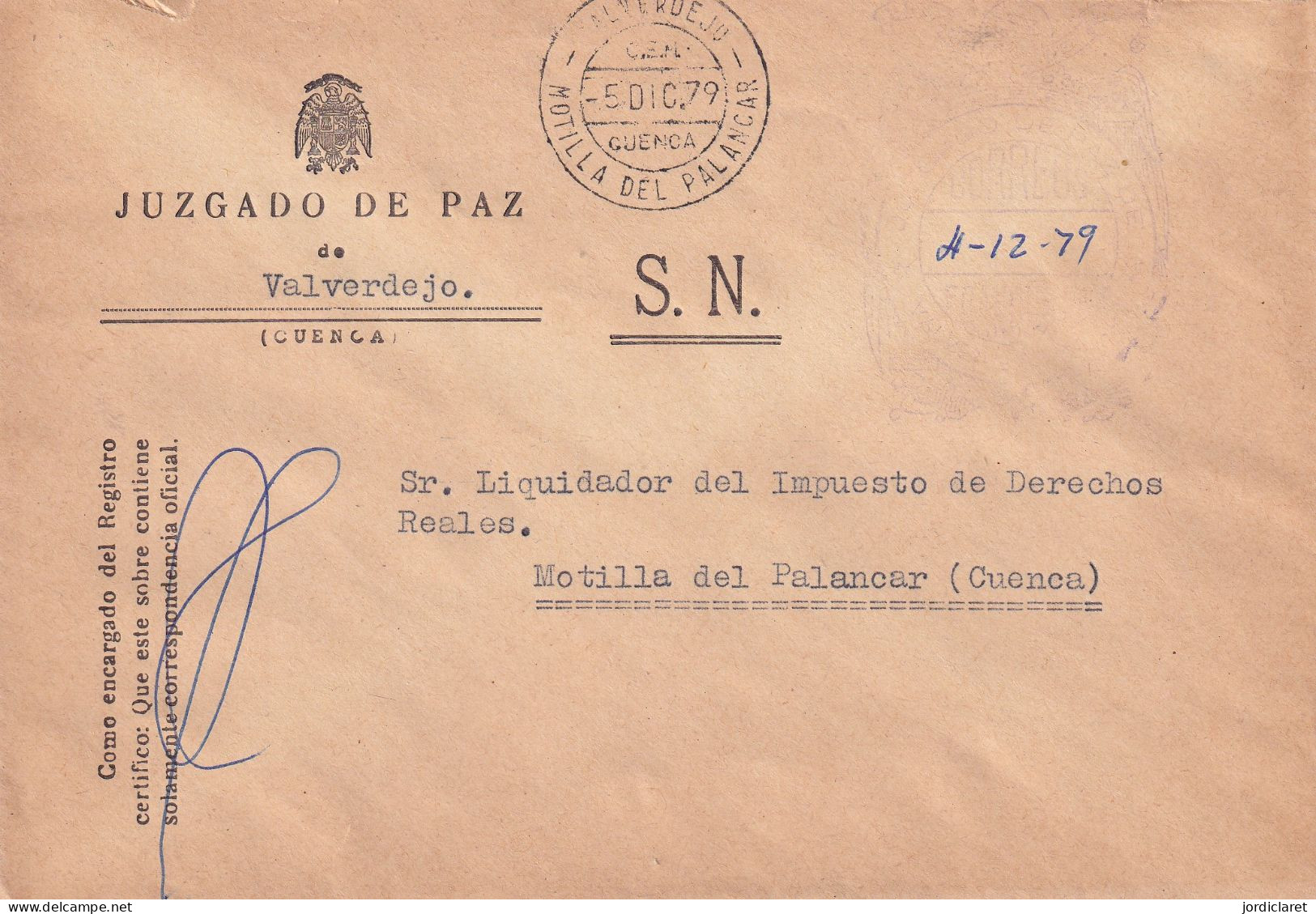 JUZGADO DE PAZ  VALVERDEJO CUENCA 1979 - Franquicia Postal