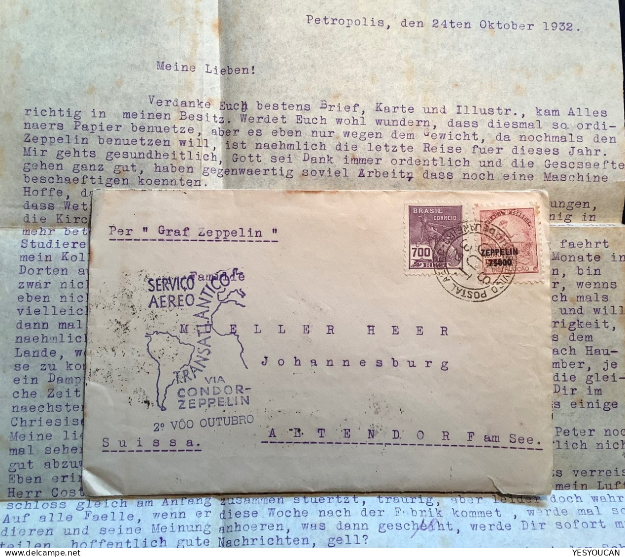 CONDOR-ZEPPELIN1932 Flight„Pedro Elmer Petropolis“cover>Müller-Heer, Altendorf SZ Schweiz (Brazil Luftpost Brief Schweiz - Airmail