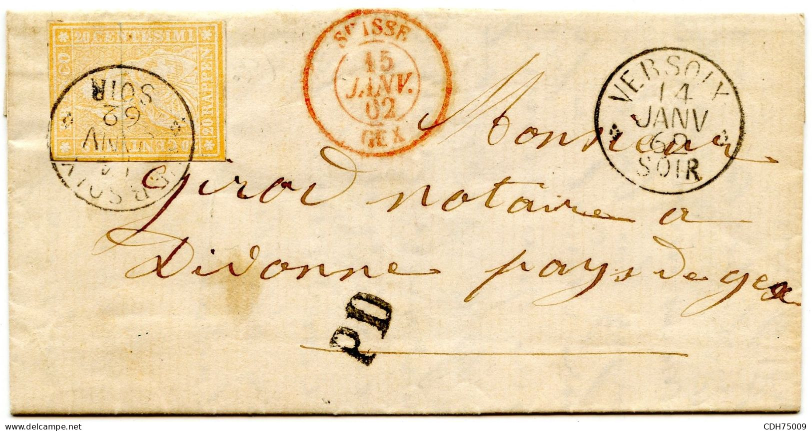 SUISSE - 20 RP SUR LETTRE FRONTALIERE DE VERSOIX POUR GEX, 1862 - Lettres & Documents