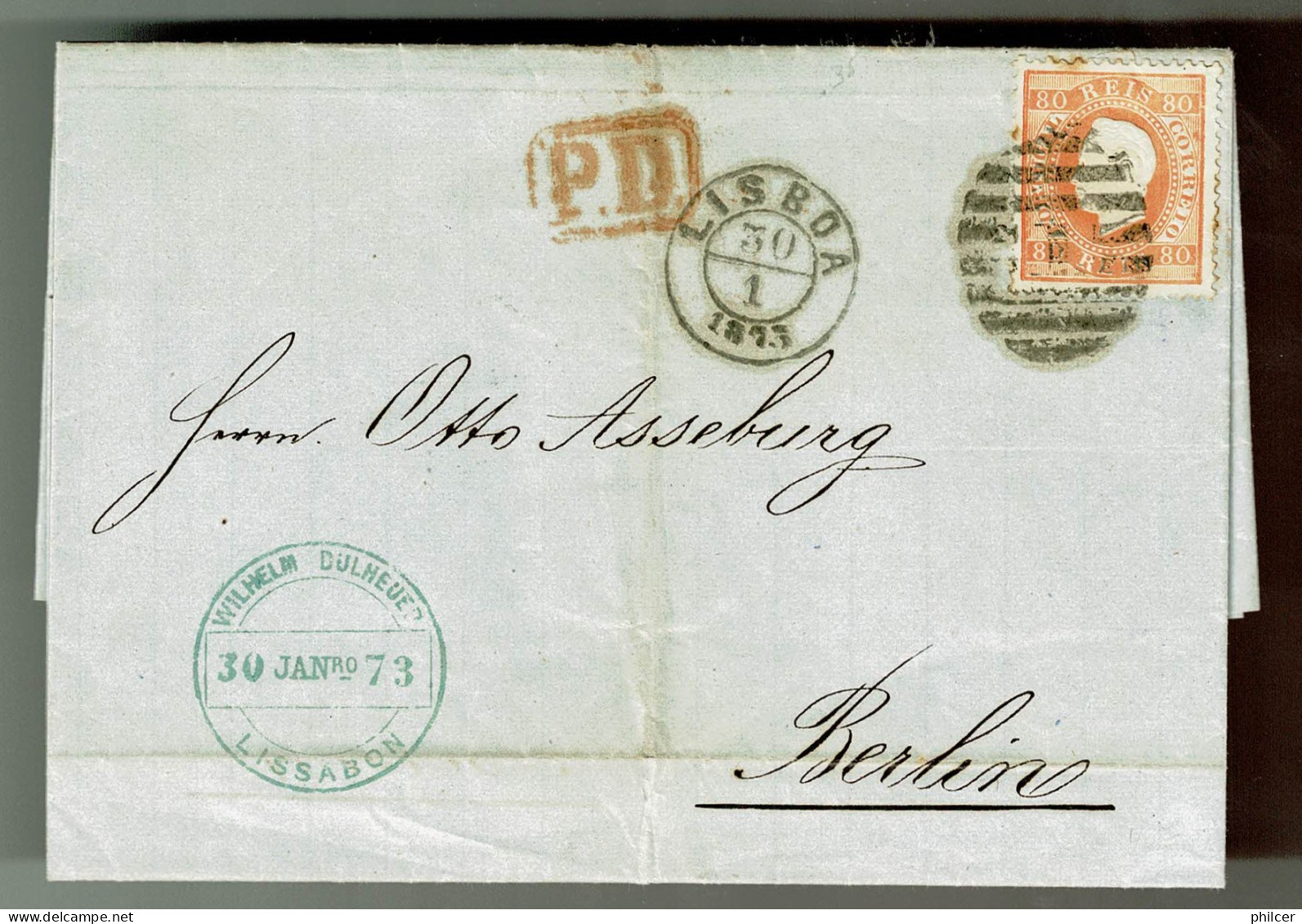 Portugal, 1873, # 42 Dent. 12 3/4, Tipo I, For Berlin, Com Certificado - Briefe U. Dokumente