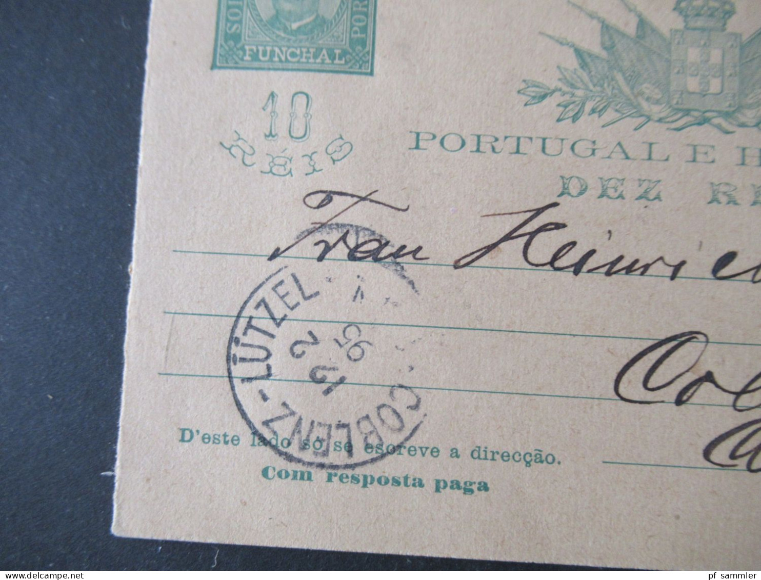 Portugal Madeira 1895 Ganzsache / Doppelkarte Gebraucht Stempel Funchal Madeira Und Ank. K1 Coblenz - Lützel - Madeira