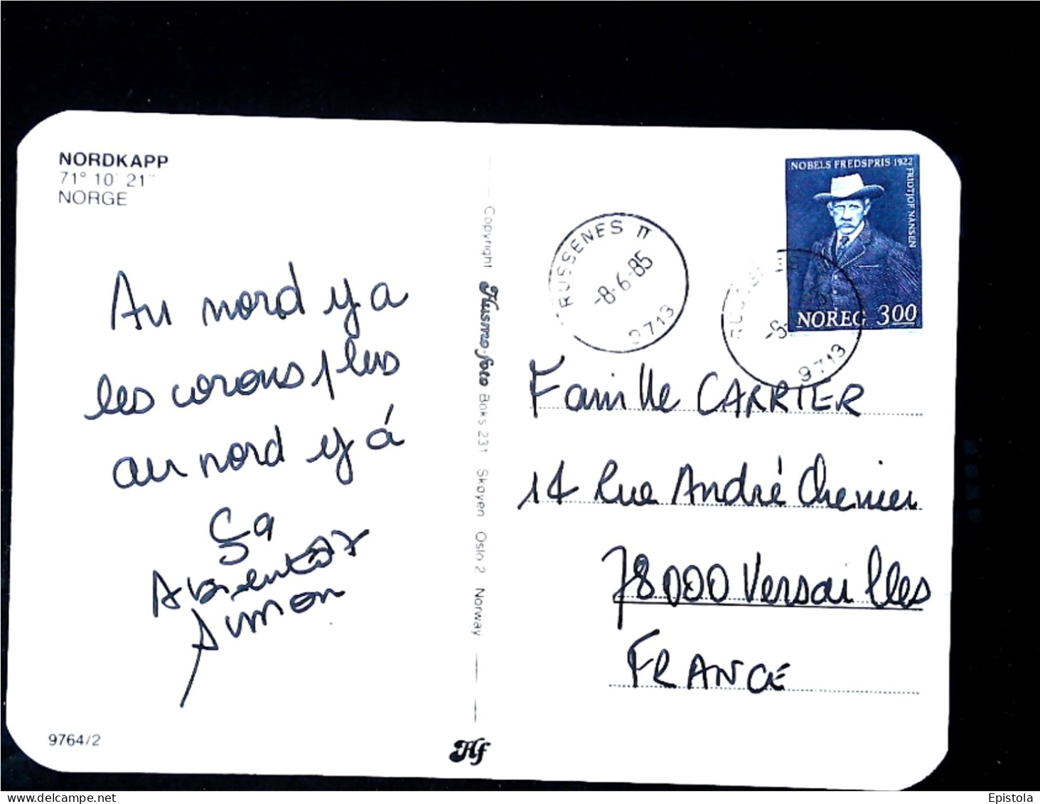 ► Nobels Fredspris NOREG 3,00 1985  Sur Carte Postale NordKapp Pour Versailles France - Cartas & Documentos