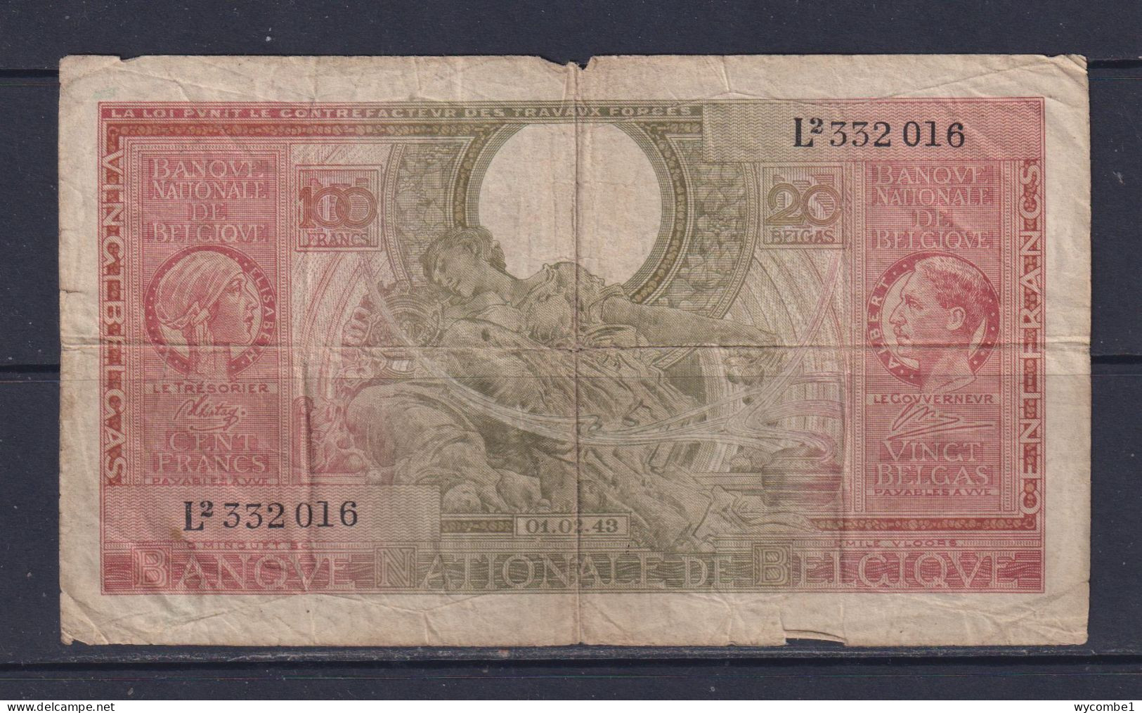 BELGIUM  - 1943 100 Francs Circulated Banknote - 100 Frank-20 Belgas