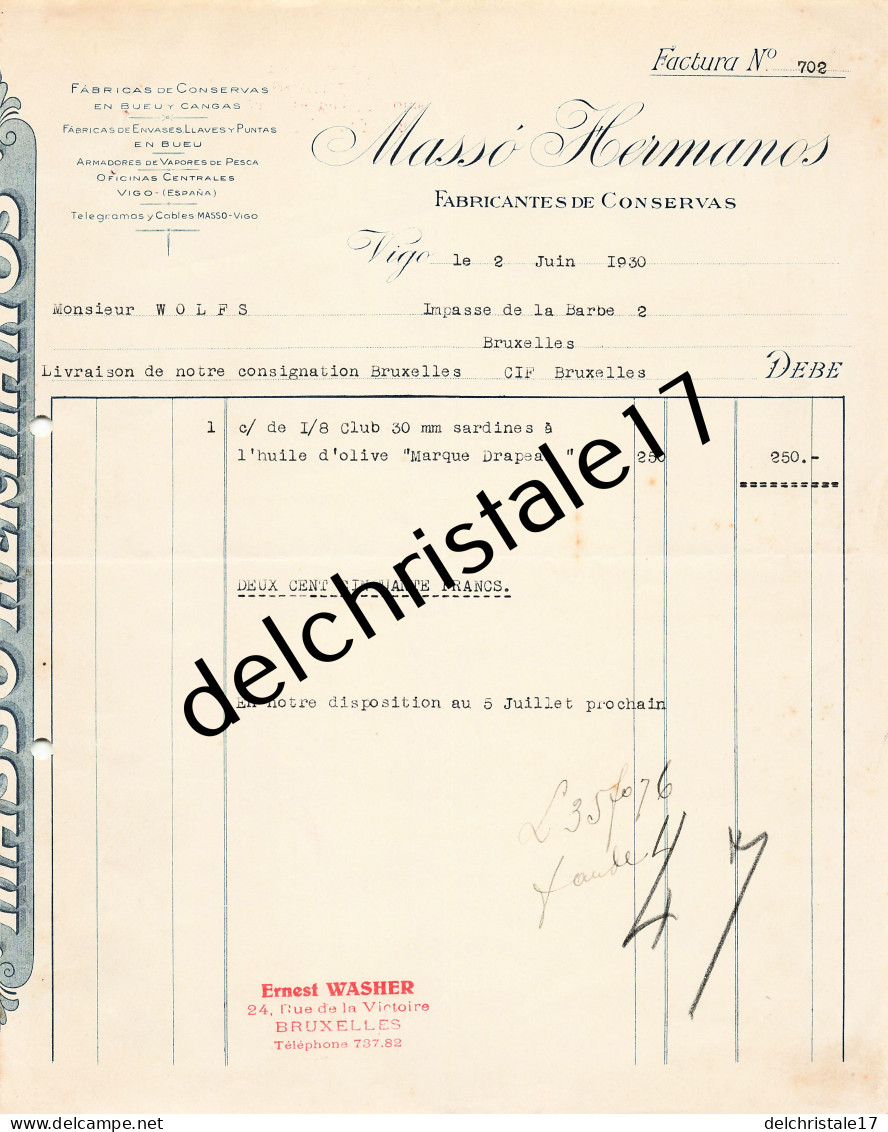96 0699 ESPAGNE VIGO 1927 Fabrique De Conserves Alimentaires MASSO HERMANOS Dest WOLFS Tampon Ernest WASHER - Spanje