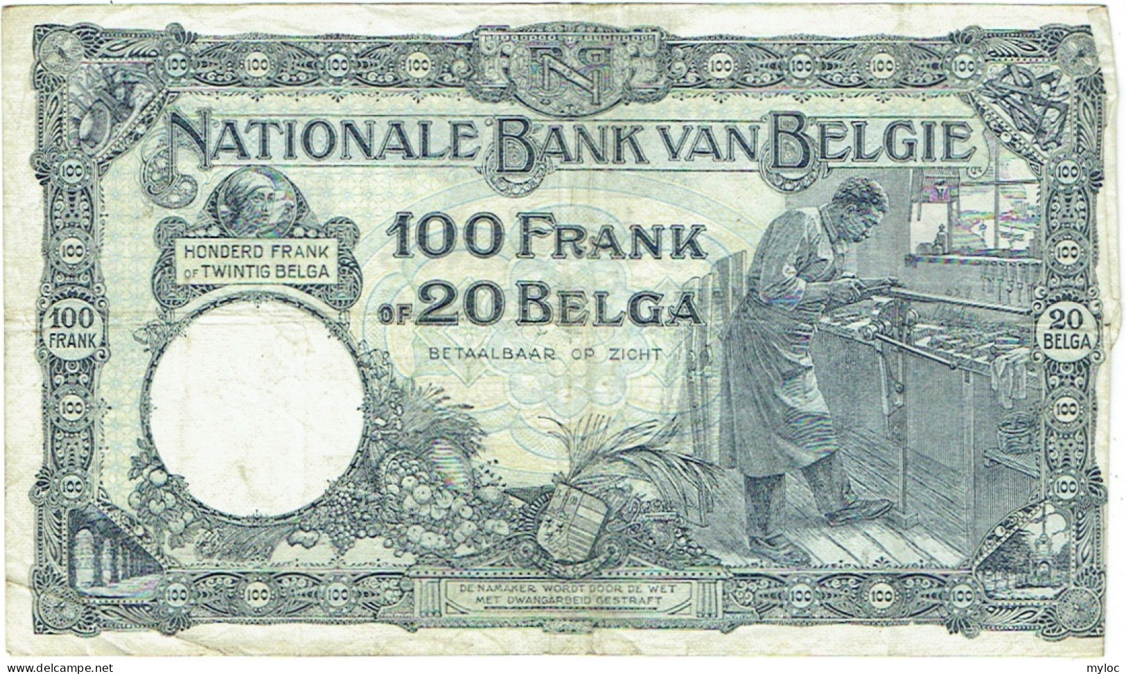 Billet Belgique. 100 Francs Ou 20 Belgas. 04.08.28 - 100 Frank & 100 Frank-20 Belgas