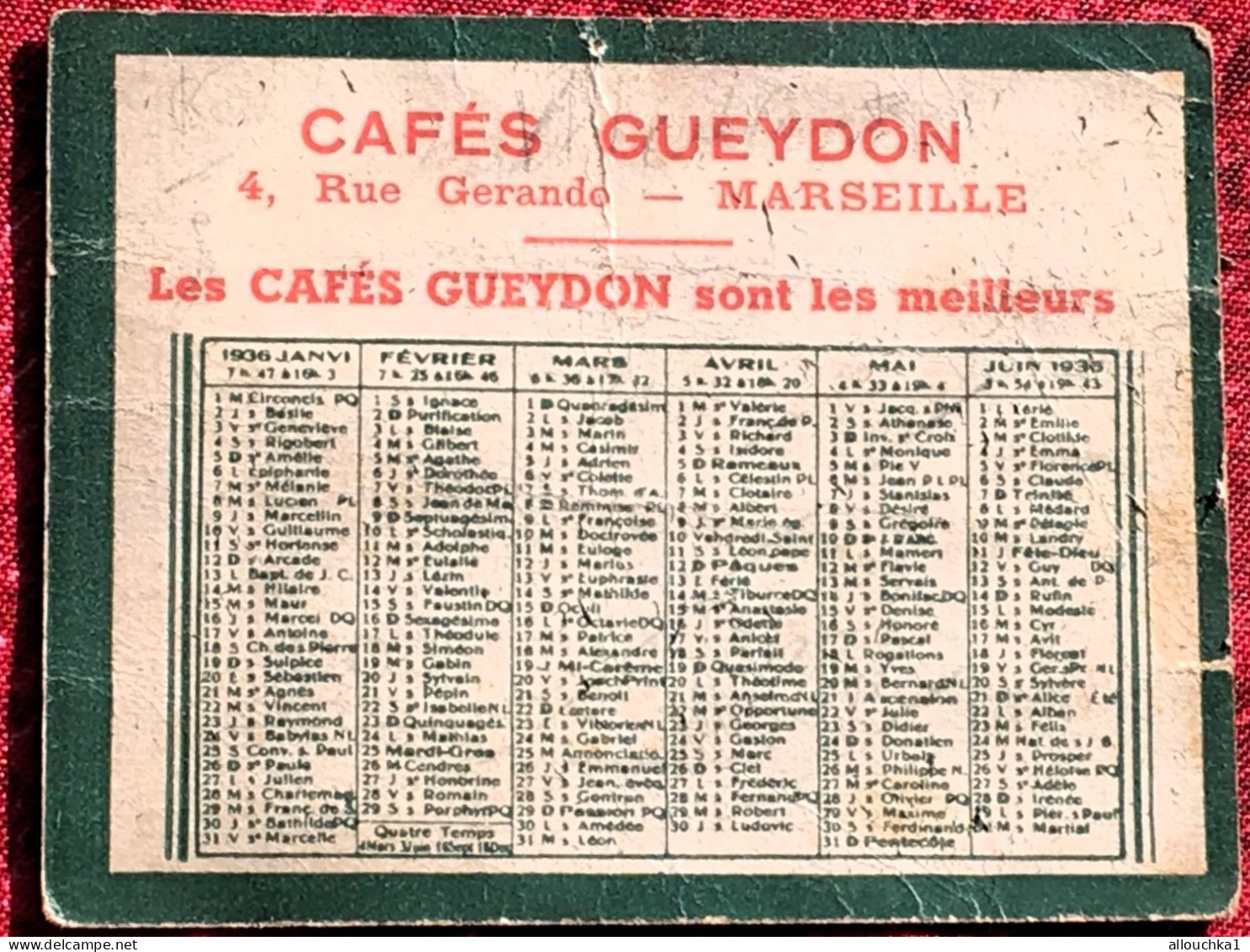 Calendrier Petit Format : 1936- Publicité Cafés Gueydon 4 Rue Gérando Marseille-Vieux Papiers Publicitaire - Small : 1921-40