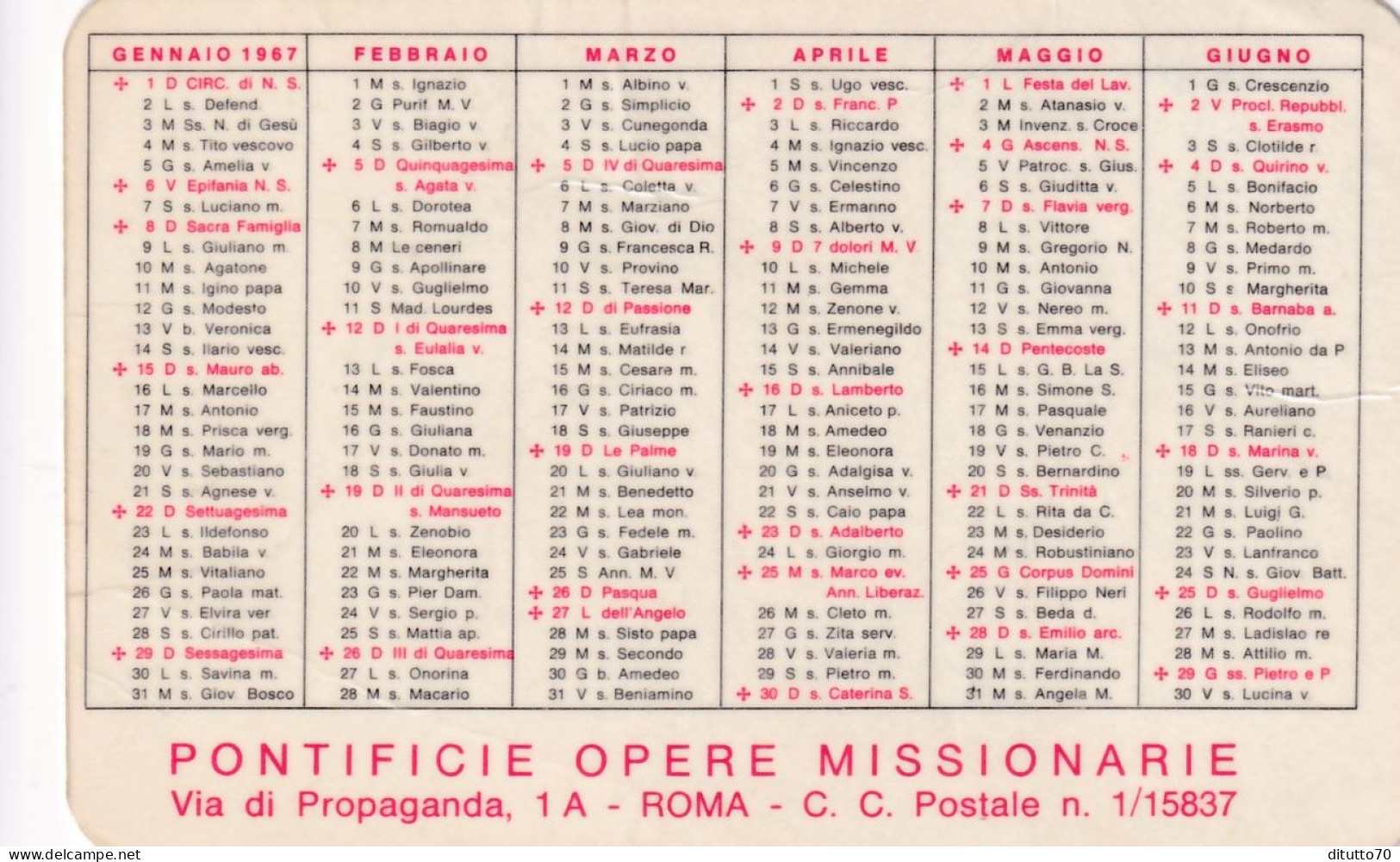 Calendarietto - Pontifice Opere Missionarie - Roma - Anno 1967 - Formato Piccolo : 1961-70