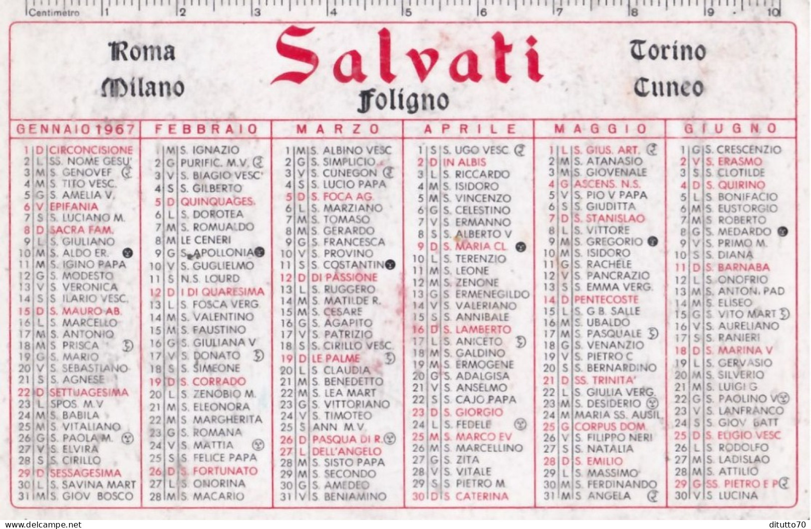 Calendarietto - Salvati - Foligno - Anno 1967 - Formato Piccolo : 1961-70