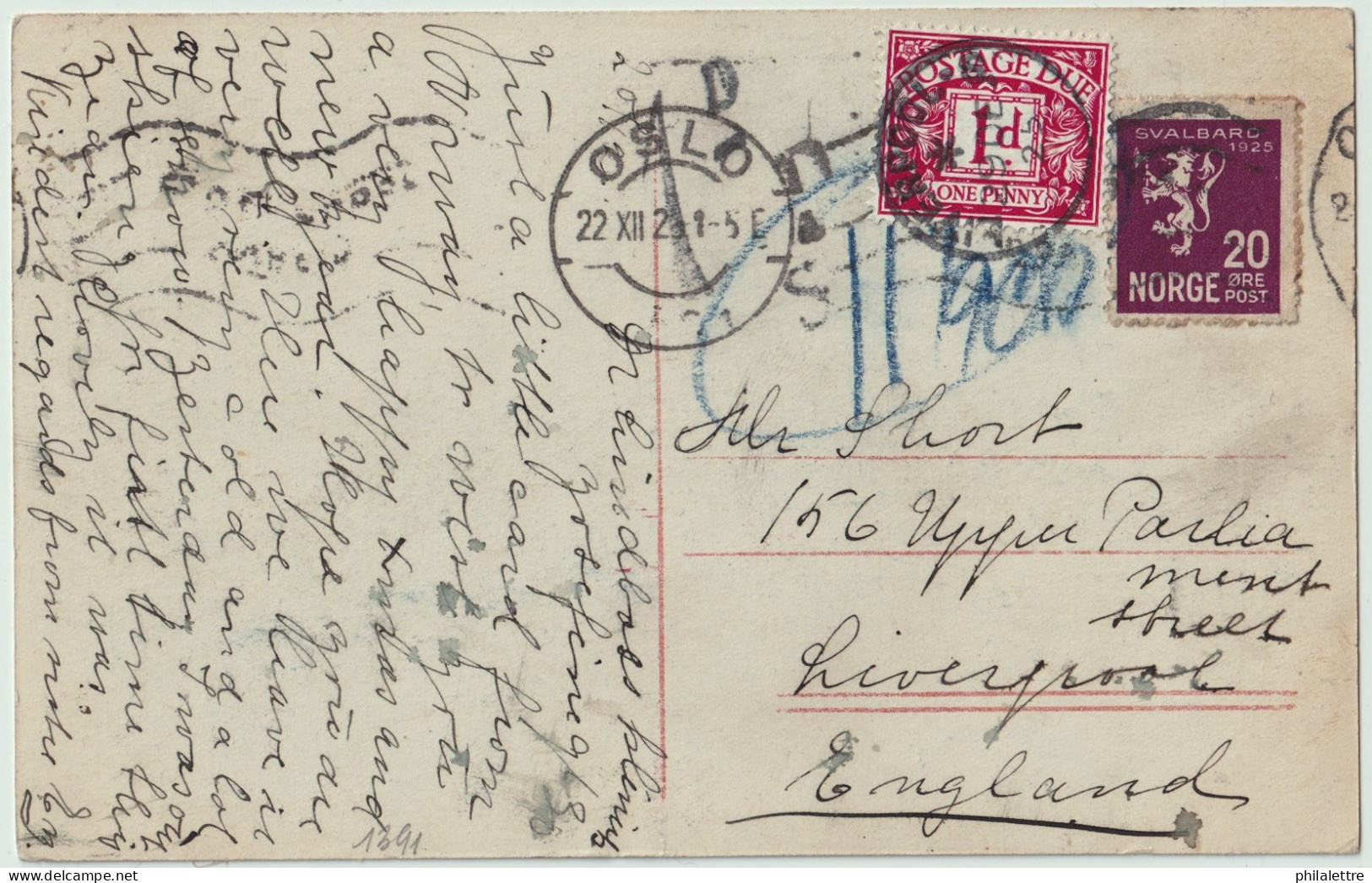 ROYAUME-UNI / UK - SG D11 On 1925 DENMARK To GB Underpaid Postage Due OSLO PPC To LIVERPOOL Franked 20 ör SVALBARD Issue - Postage Due