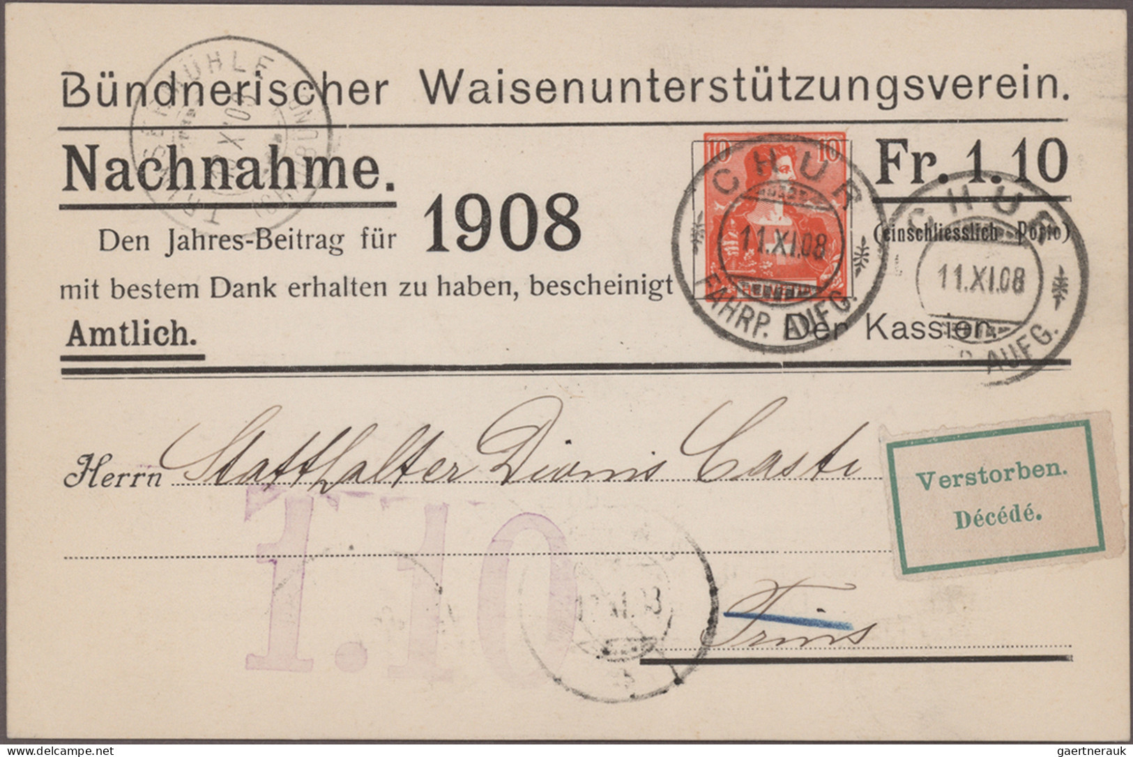 Schweiz - Privatganzsachen: 1908, Bestand Von Runed 170 Gebrauchten Nachnahme-Pr - Stamped Stationery