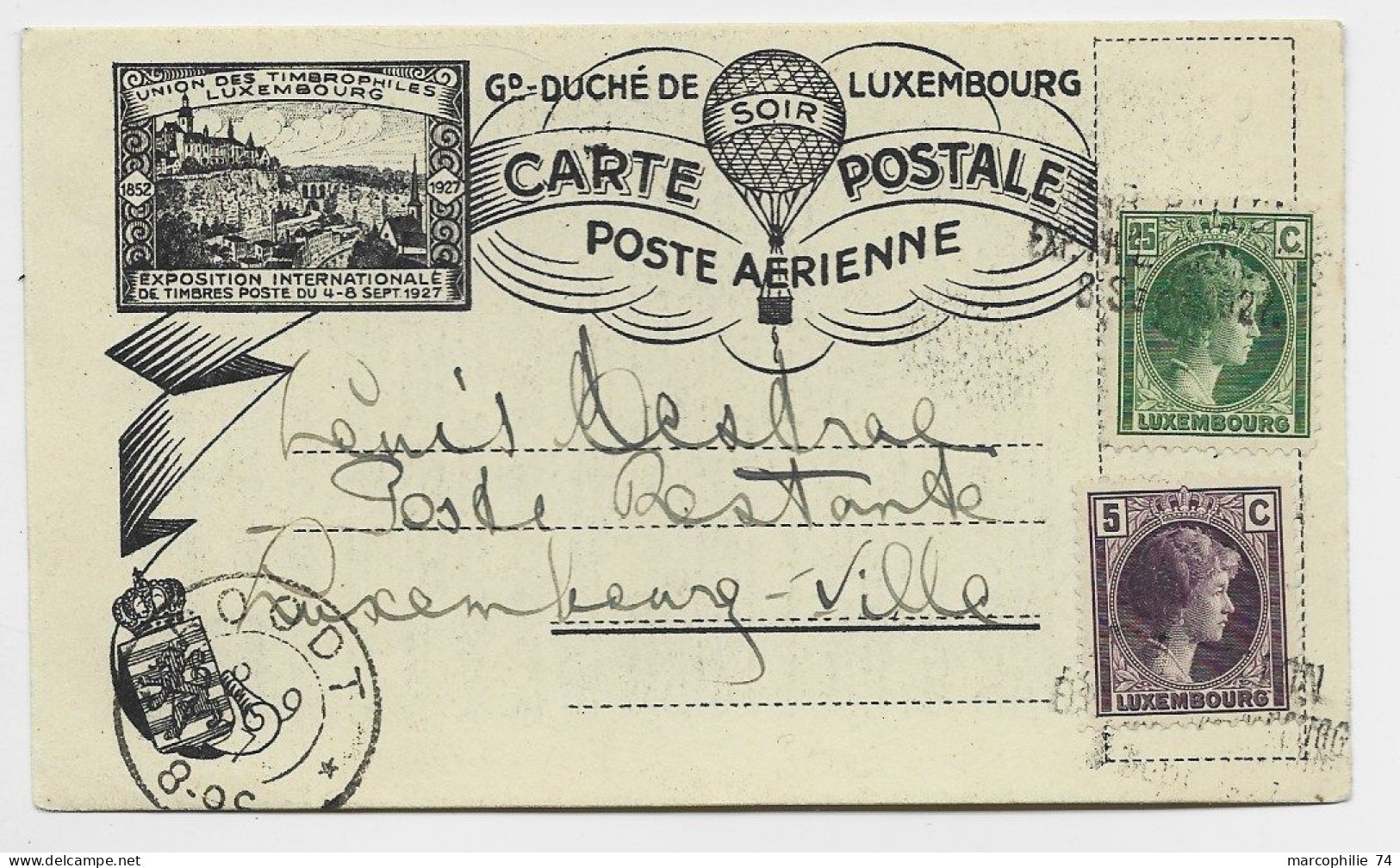 LUXEMBOURG 25C+5C PETITE CARTE POSTALE POSTE AERIENNE BALLON SOIR 1927 - Briefe U. Dokumente