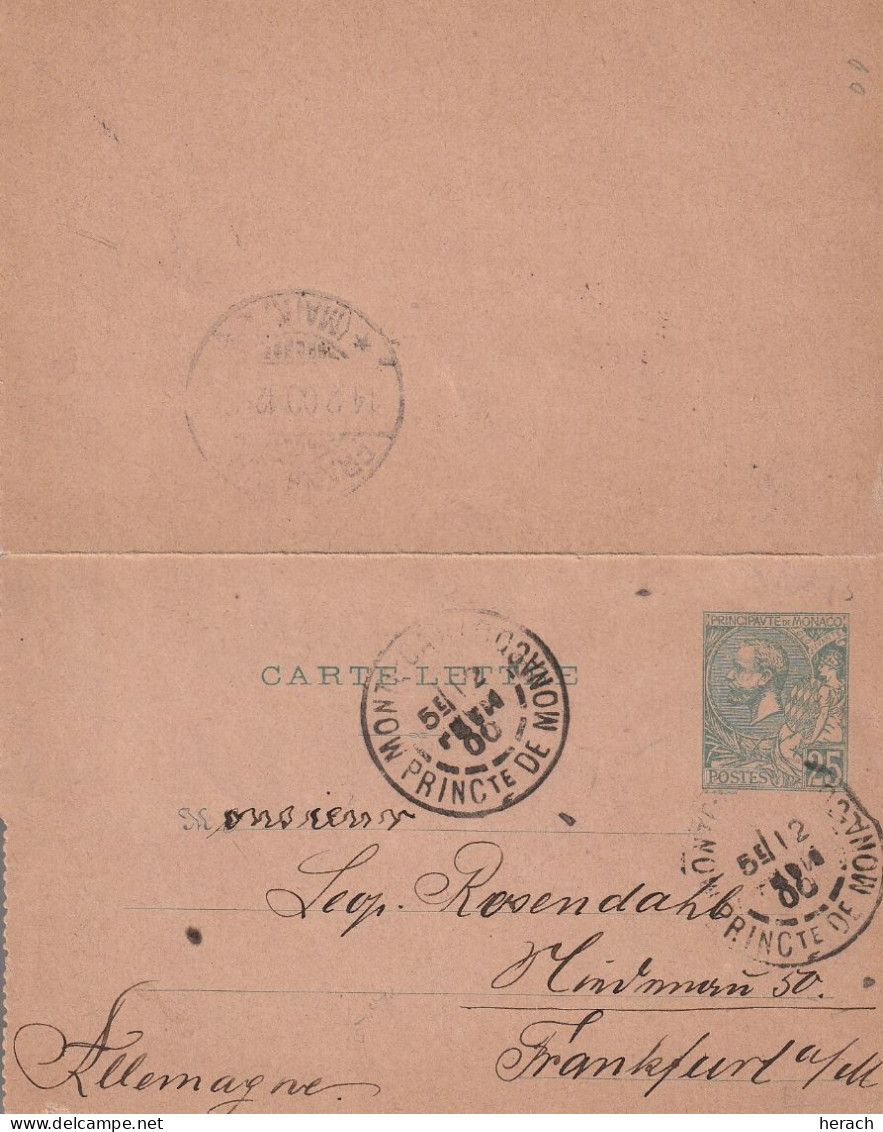 Monaco Entier Postal Carte Lettre Pour L'Allemagne 1900 - Ganzsachen