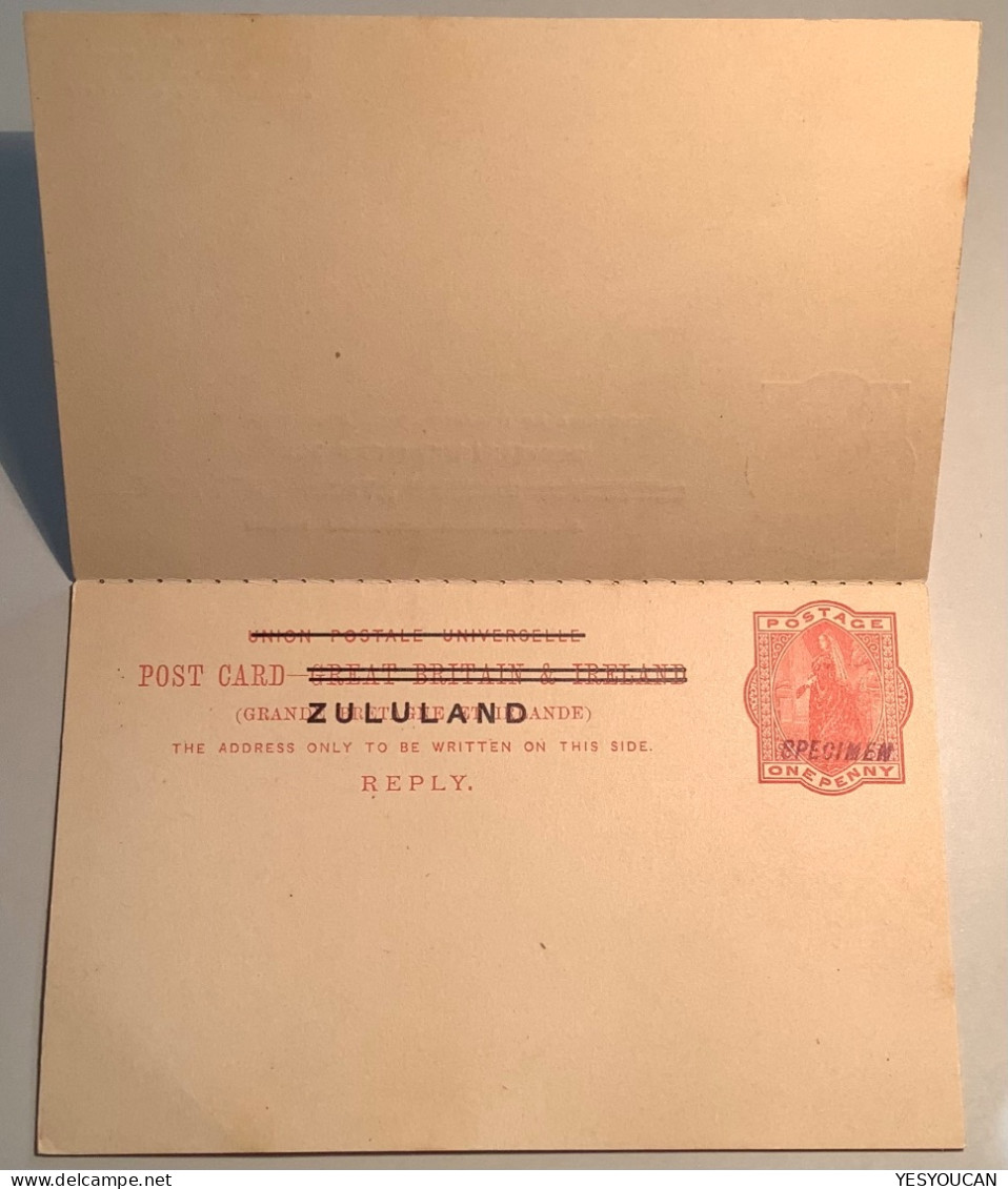 Rare NATAL UPU "SPECIMEN" On Zululand 1893 Queen Victoria 1d+1d Paid Reply Postal Stationery Card (South Africa GB - Zoulouland (1888-1902)