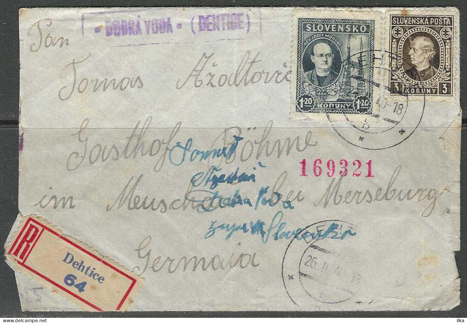 Cover - Dehtice, Dobră Voda. Slovensko Afg./Obl. 26/02/1940 >>Meuschau Bei Merseburg - Censure/Geöffnet. - Brieven En Documenten