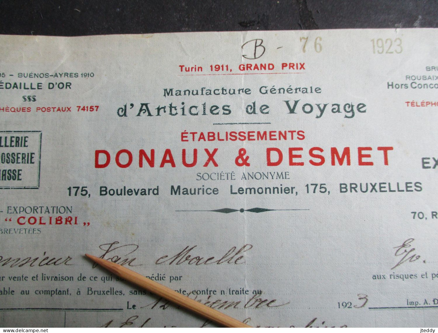 Oude Faktuur  1923  Met Fiscale Zegel Gestempeld  DONAUX & DESMET Bou. Mau. Lemonnier  BRUXELLES - Artesanos