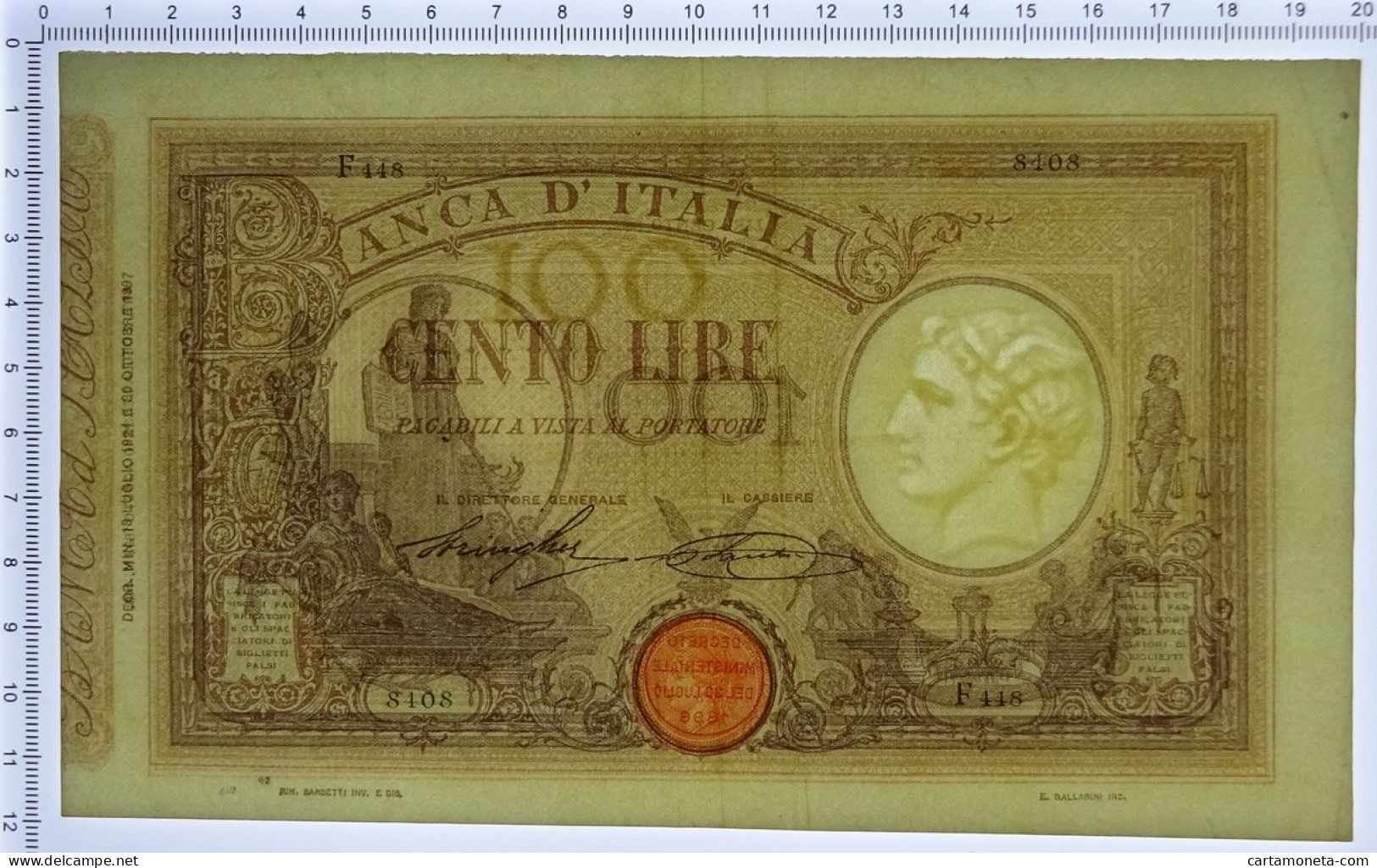 100 LIRE BARBETTI GRANDE B MATRICE LATERALE TESTINA DECRETO 18/07/1924 SPL- - Regno D'Italia – Autres