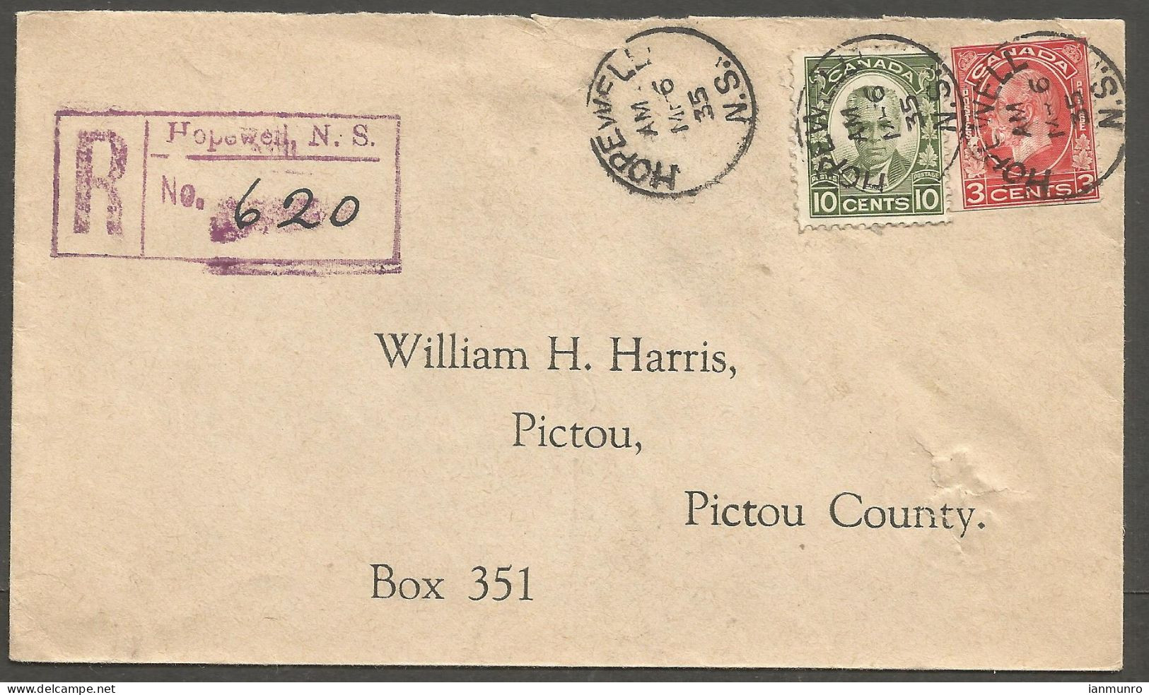 1935 Registered Cover 13c Cartier/Medallion RPO CDS Hopewell To Pictou Nova Scotia - Postal History