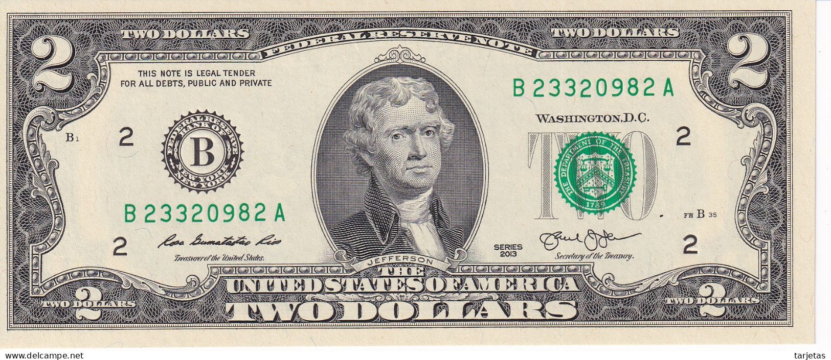 BILLETE DE ESTADOS UNIDOS DE 2 DOLLARS DEL AÑO 2013 LETRA B - NEW YORK SIN CIRCULAR (UNC)  (BANK NOTE) - Federal Reserve (1928-...)