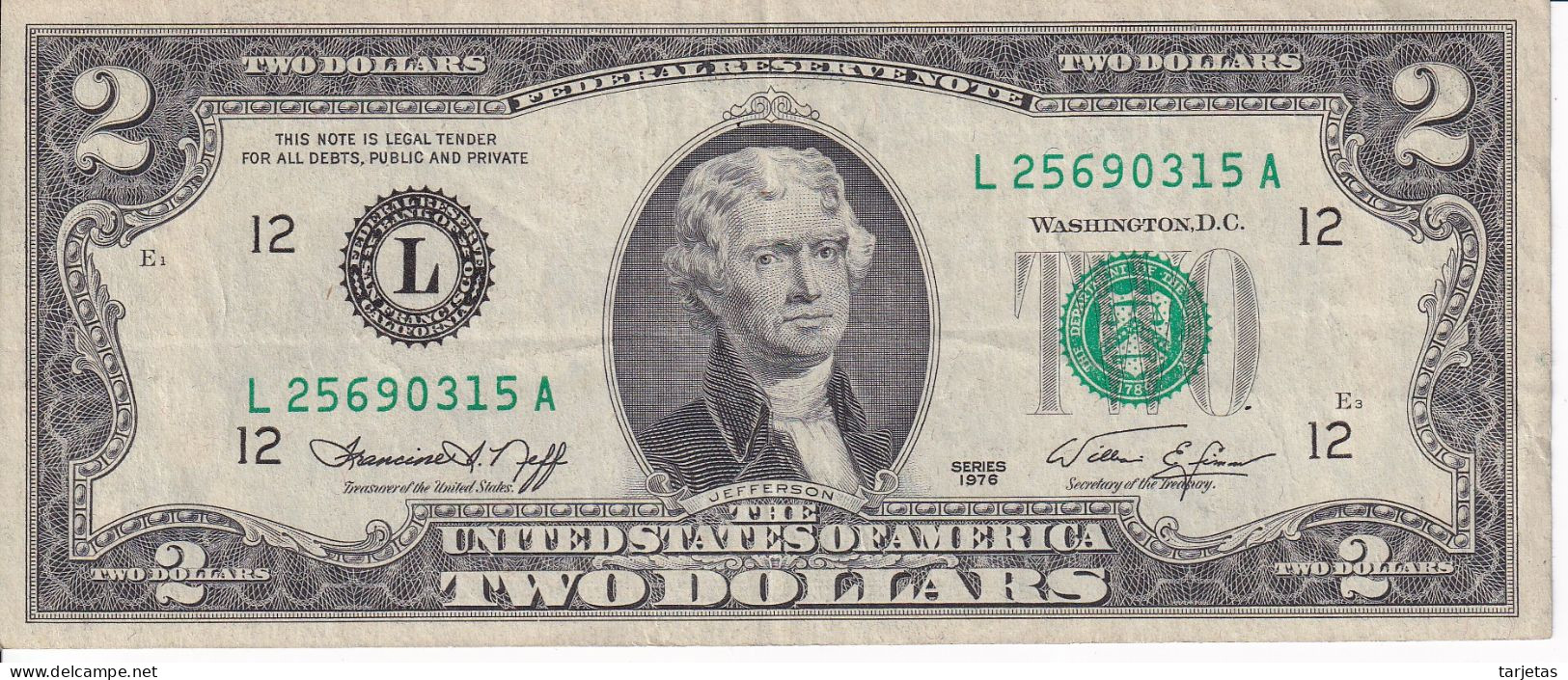 BILLETE DE ESTADOS UNIDOS DE 2 DOLLARS DEL AÑO 1976 LETRA L - SAN FRANCISCO (BANK NOTE) - Bilglietti Della Riserva Federale (1928-...)