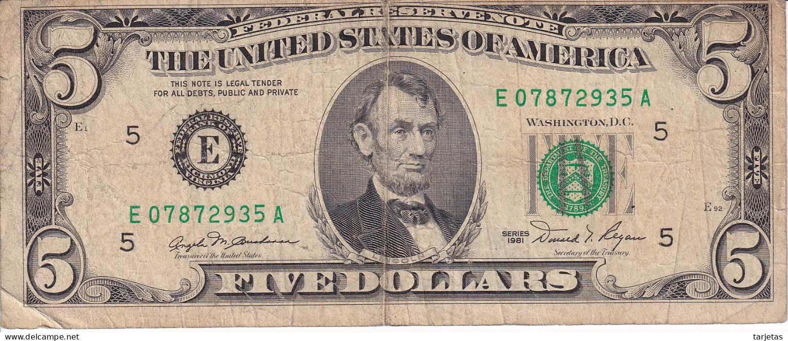 BILLETE DE ESTADOS UNIDOS DE 5 DOLLARS DEL AÑO 1981 LETRA E - RICHMOND (BANK NOTE) - Bilglietti Della Riserva Federale (1928-...)