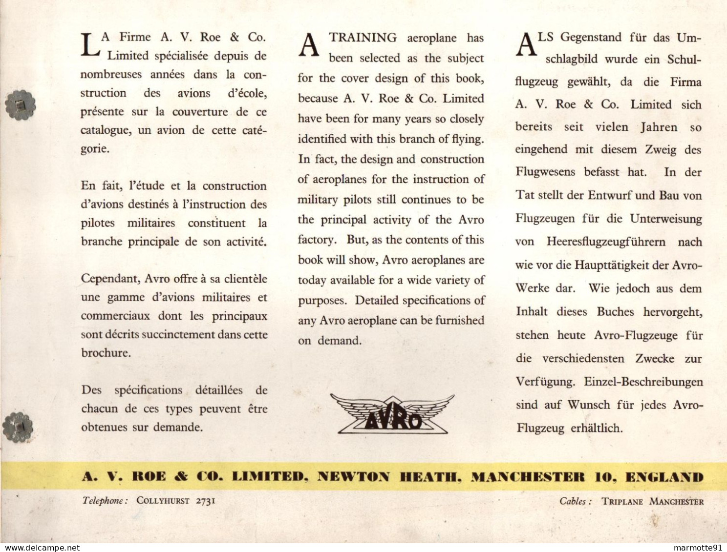 AVRO FABRICANT AVION ECOLE  AVIATION CIVILE MILITAIRE CATALOGUE - Publicités