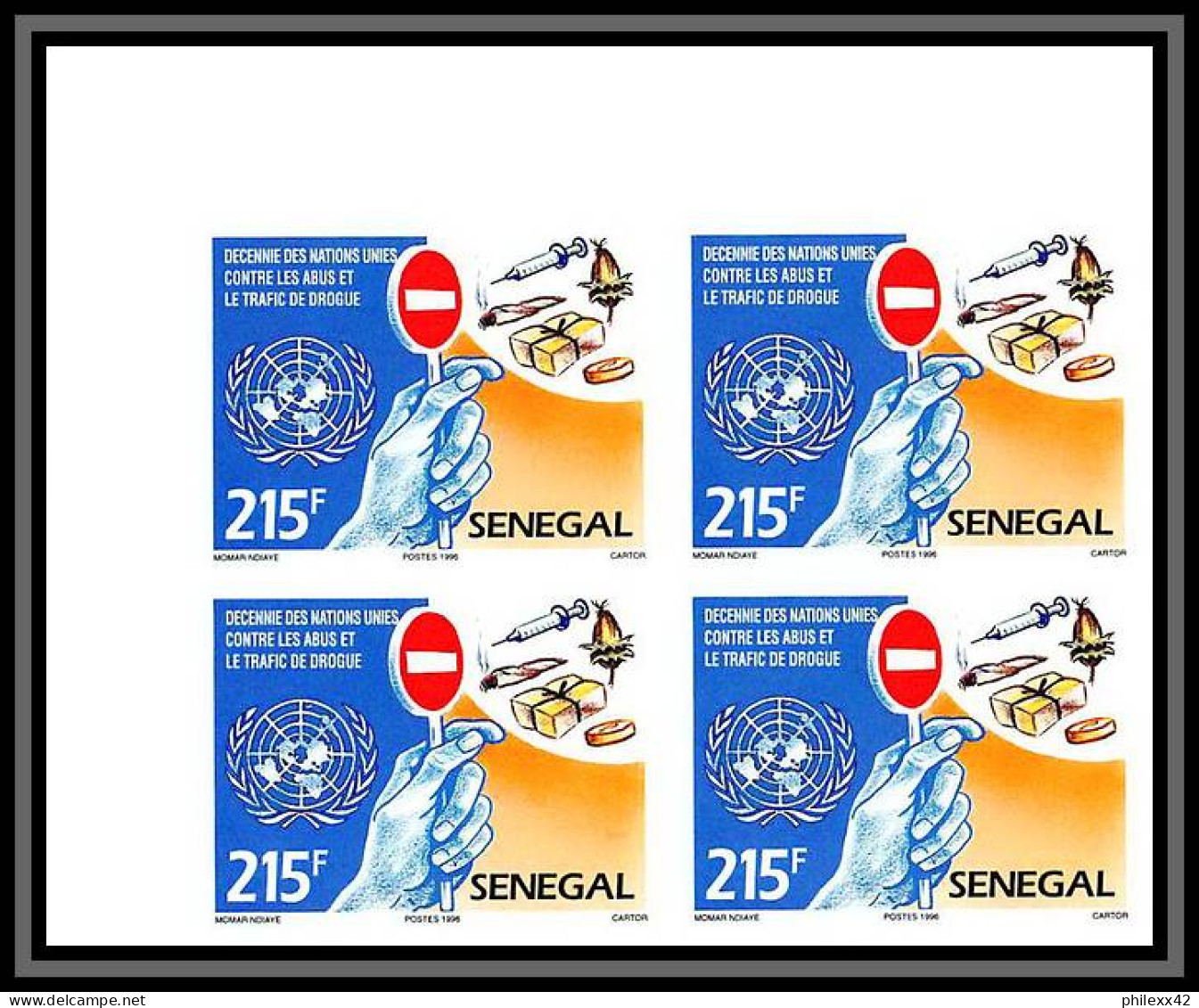 92740a Sénégal N°1184/1185 Nations Unies Trafic Drogue Drug Trafficking Onu Uno Non Dentelé ** MNH Imperf Bloc 4 - Drogen