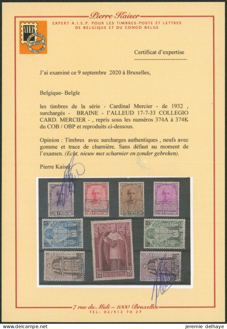 Cardinal Mercier Surcharge BRAINE-L'ALLEUD (Collegio) - N°374A/74K* Neuf Charniéré (MH) + Certificat P. Kaiser - Unused Stamps