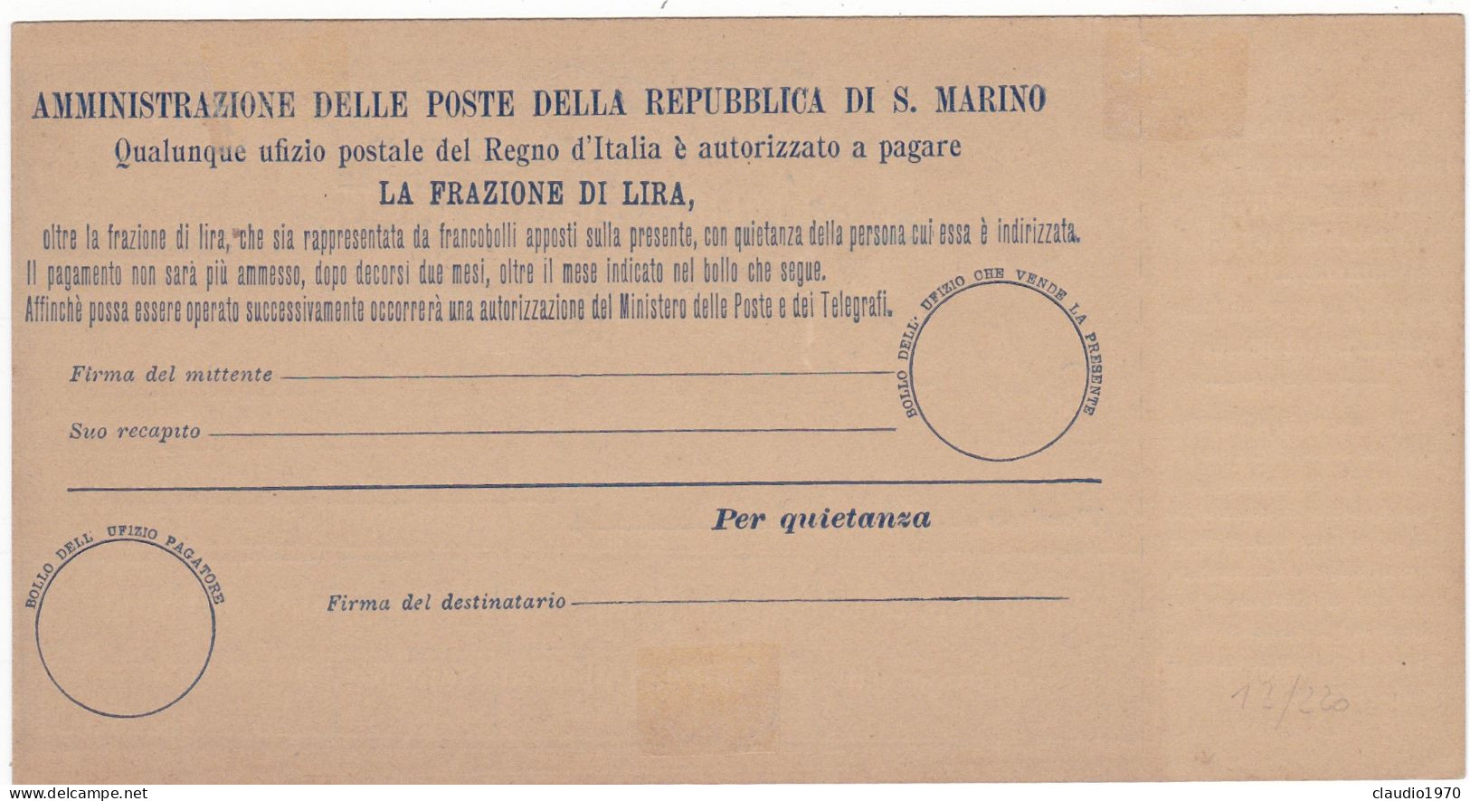 SAN MARINO - CARTOLINA VAGLIA - STEMMA C. 10 PER FRAZIONI DI LIRA - ANNULLATO - Interi Postali