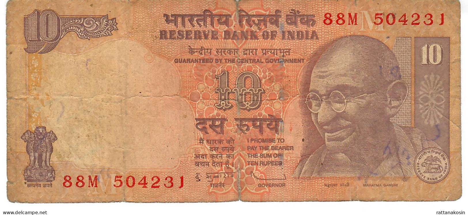 INDIA P95f2 10 RUPEES 2010 Signature 20 SUBBARAO Letter M     VG/F - India