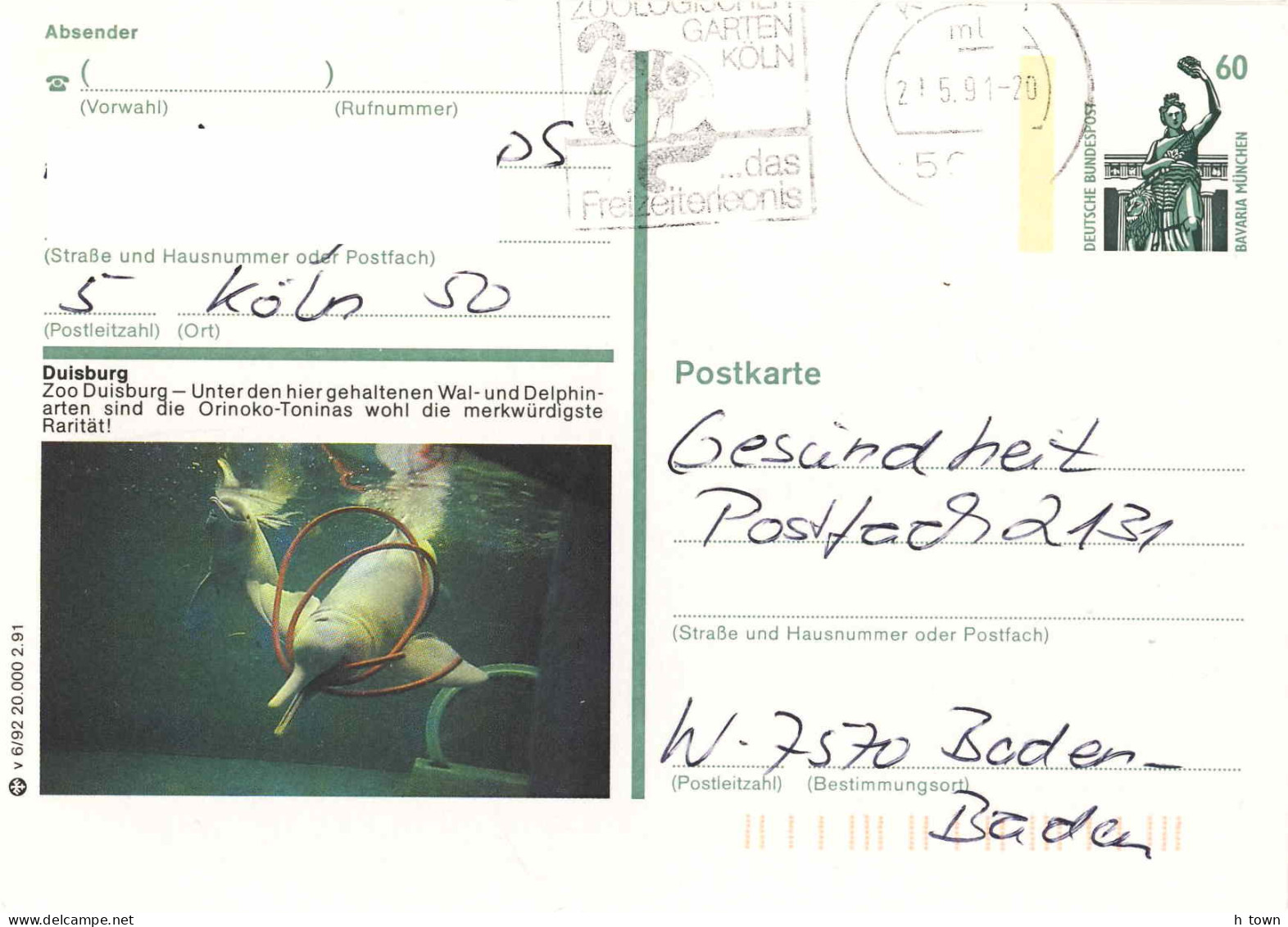 224  Dauphin Rose De L'Amazone: Entier (c.p.) D'Allemagne - Amazon River Dolphin, Zoo Duisburg Stationery Postcard - Delfines