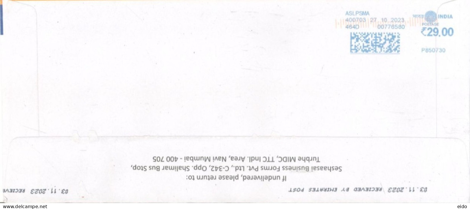 INDIA - 2023 - POSTAL FRANKING MACHINE COVER TO DUBAI. - Covers & Documents