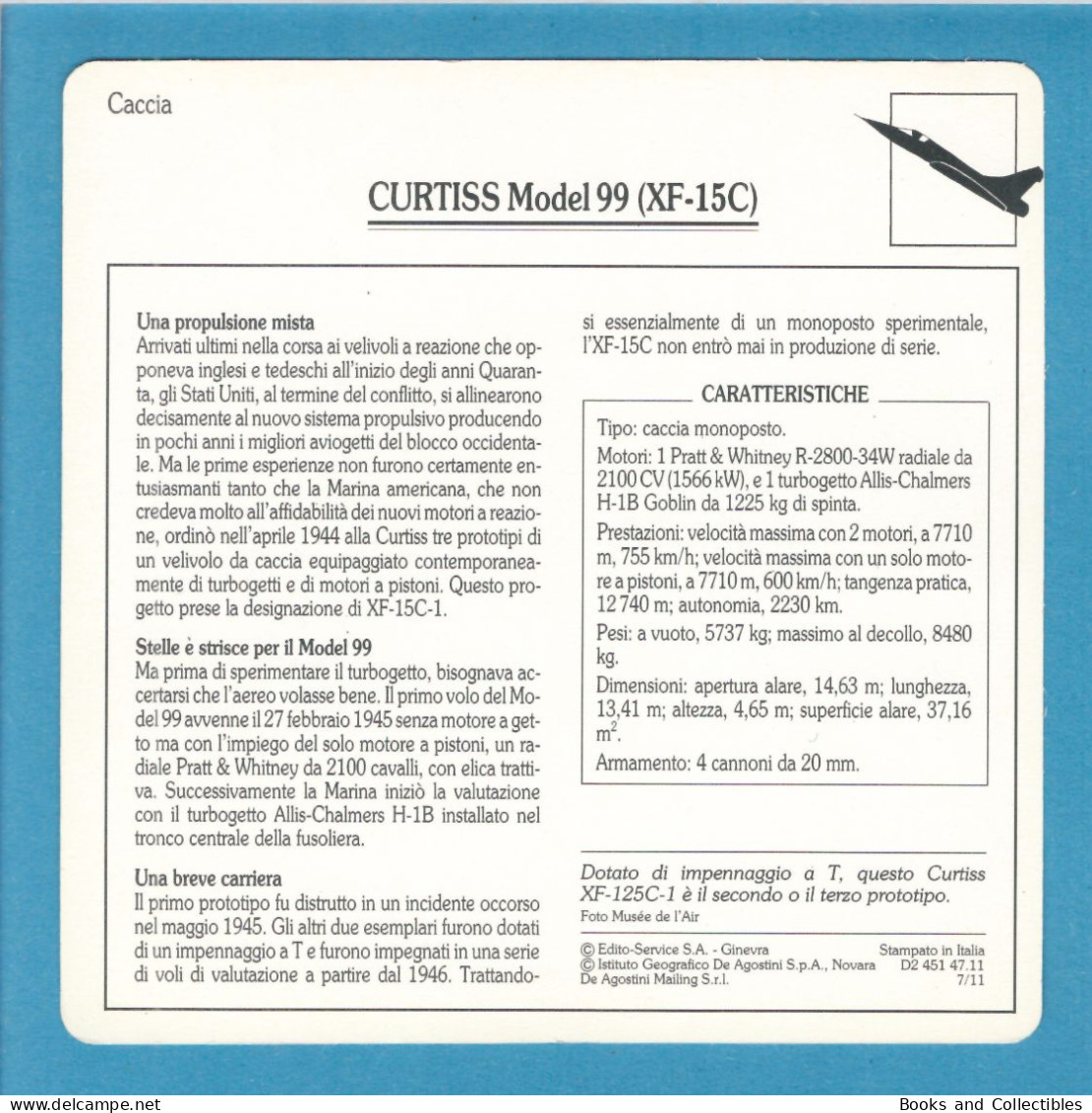 DeAgostini Educational Sheet "Warplanes" / CURTISS Model 99 XF-15C (U.S.A.) - Aviation