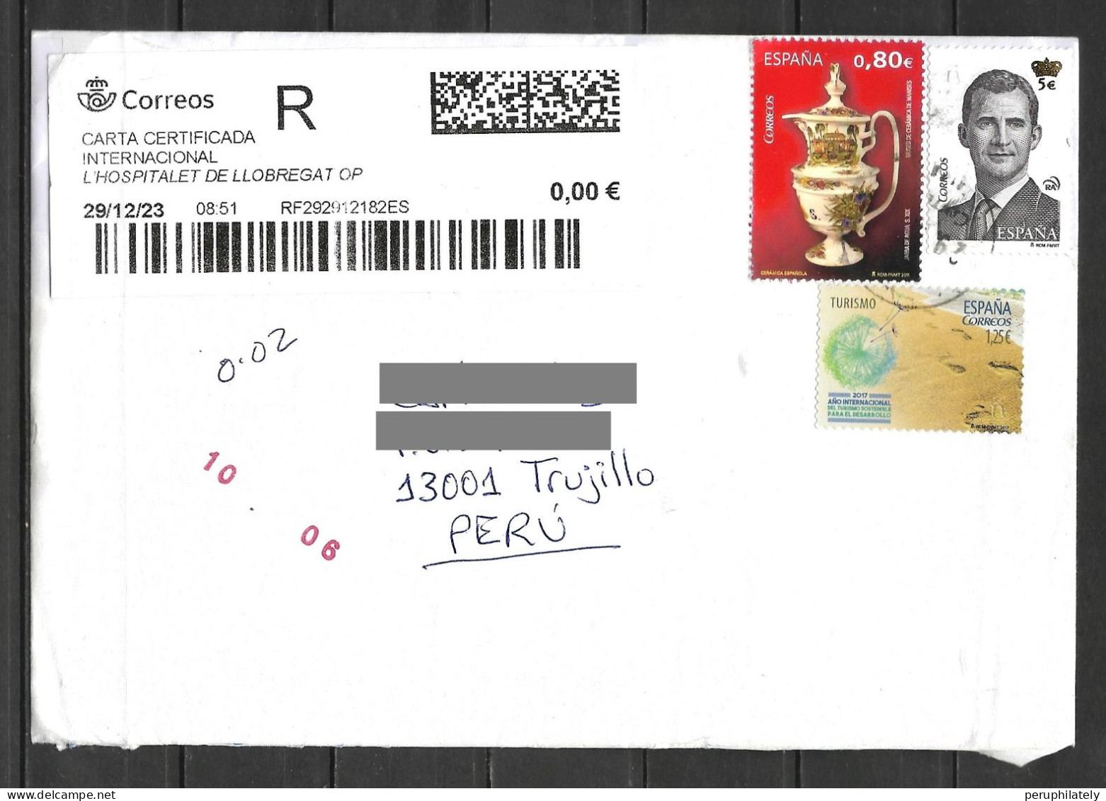 Spain Registered Cover With Ceramic Jar & Tourism Stamps Sent To Peru - Used Stamps