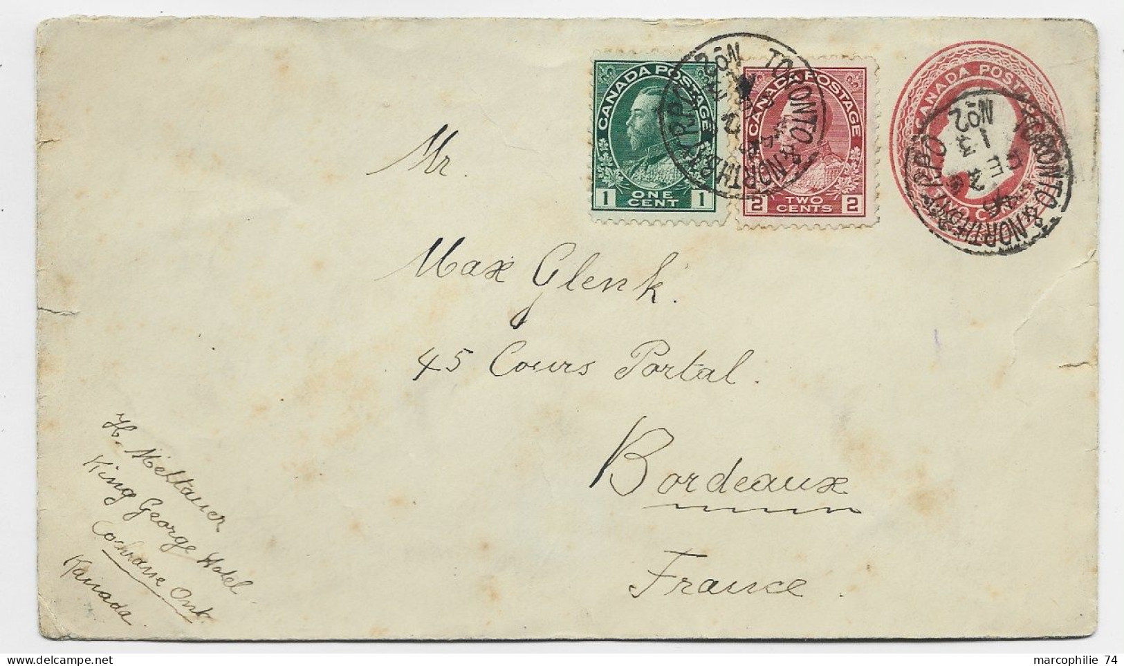 CANADA ENTIER TWO CENTS ENVELOPPE COVER +2C+1C TORONTO NORTHBAY RPO N° 2 1913 TO FRANCE - Lettres & Documents