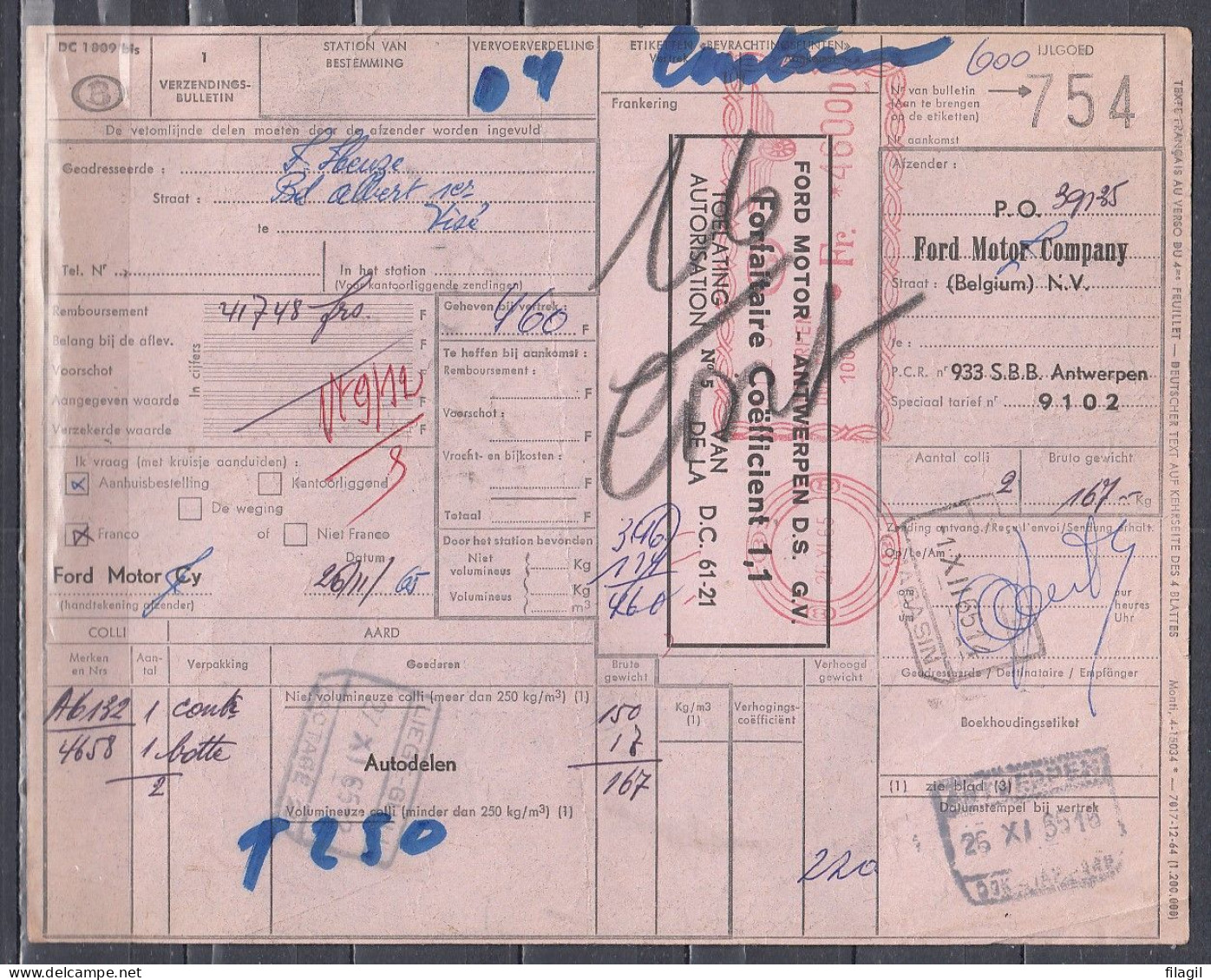 Vrachtbrief Met Machinale Stempel ANTWERPEN DOK STAP 100 FORD MOTOR ANTWERPEN D.S - Documents & Fragments