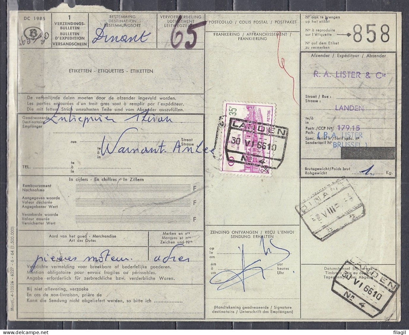 Vrachtbrief Met Stempel LANDEN N°4 - Documents & Fragments