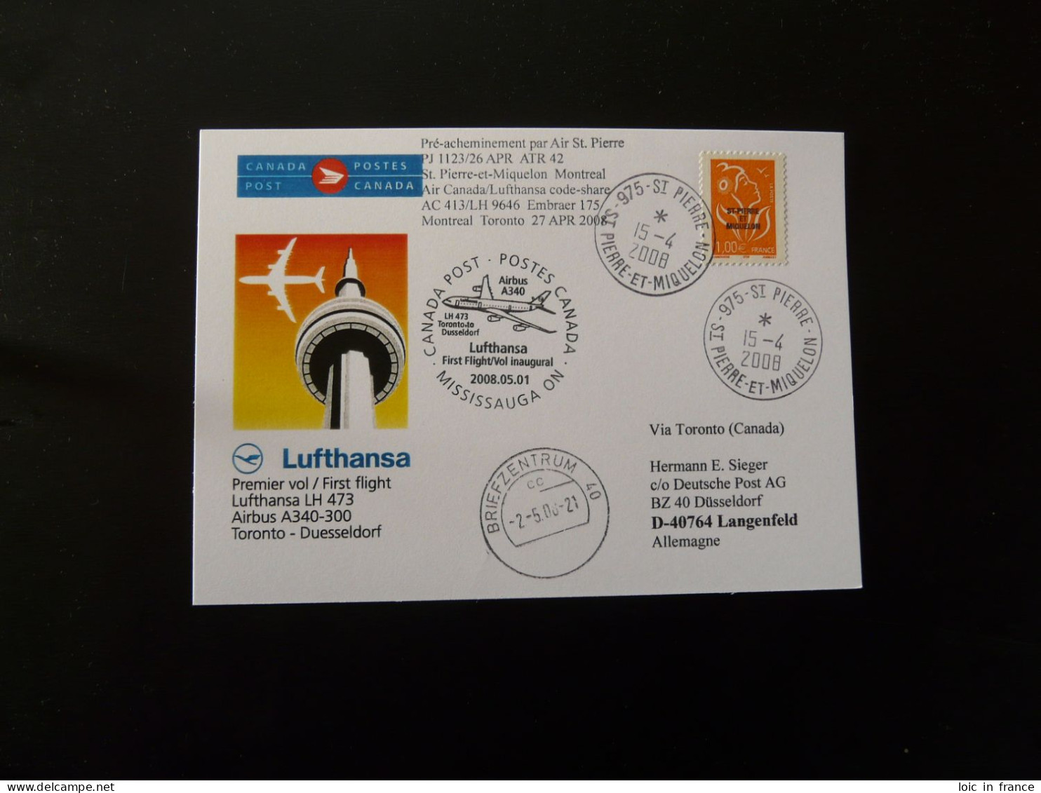 Premier Vol First Flight St-Pierre & Miquelon To Dusseldorf Via Toronto Airbus A340 Lufthansa 2008 - Covers & Documents